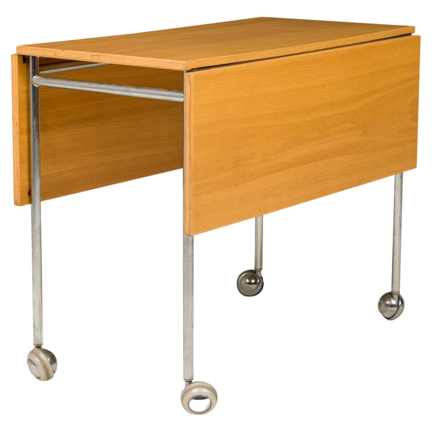 Bruno Mathsson Swedish Mid-Century Drop Leaf Wood and Steel Rolling Work Table For Sale