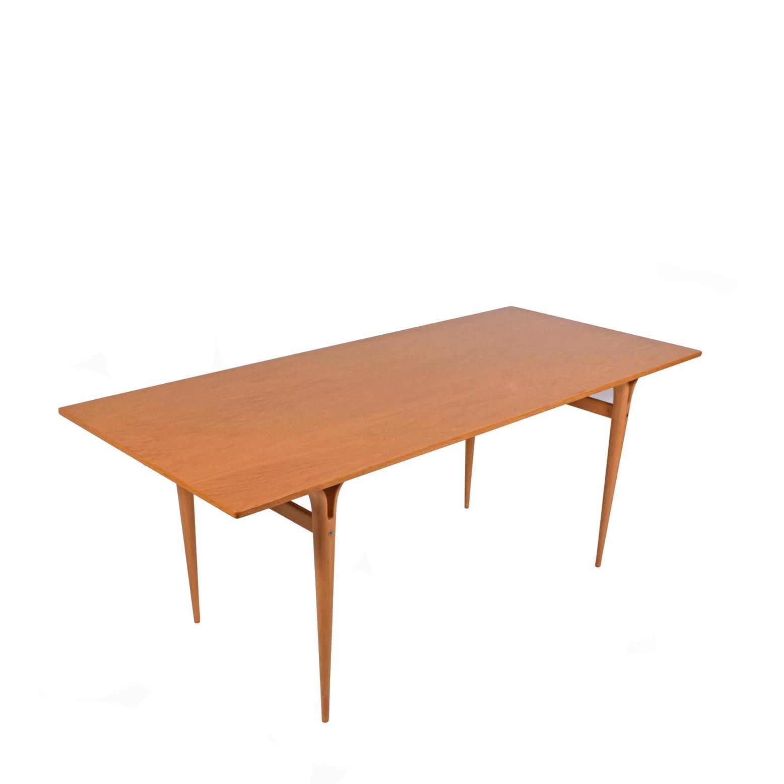 Table/desk oak top with beachwood laminating technic legs signed and dated.