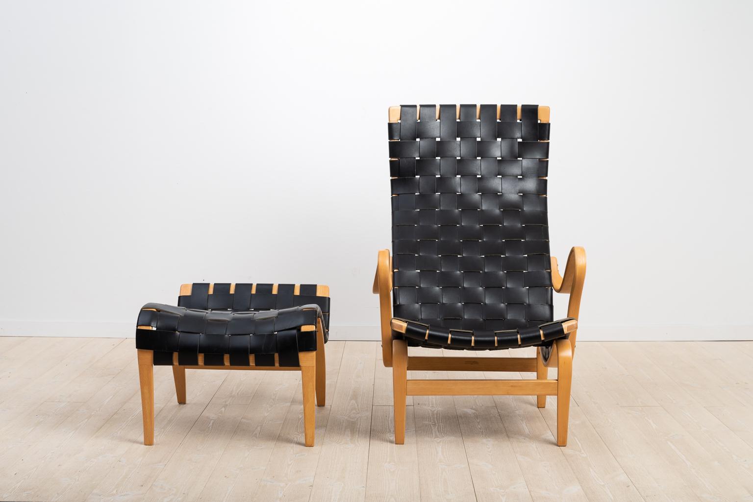 Leather Bruno Matsson Lounge Chair Pernilla 2 and Ottoman Pernilla 69