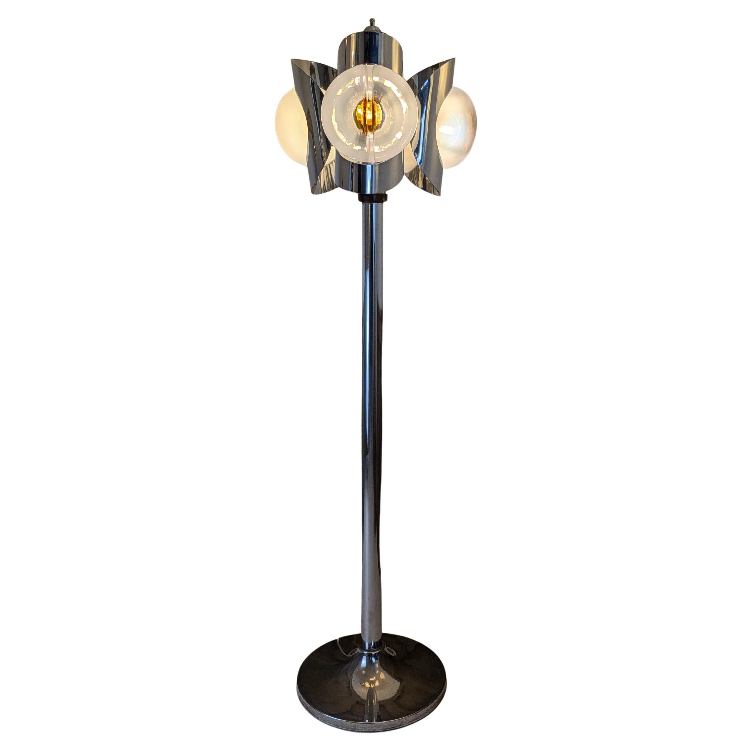 Bruno Mazzega Floor Lamp, Chrome, three Crystal and Orange Murano Glass Globes