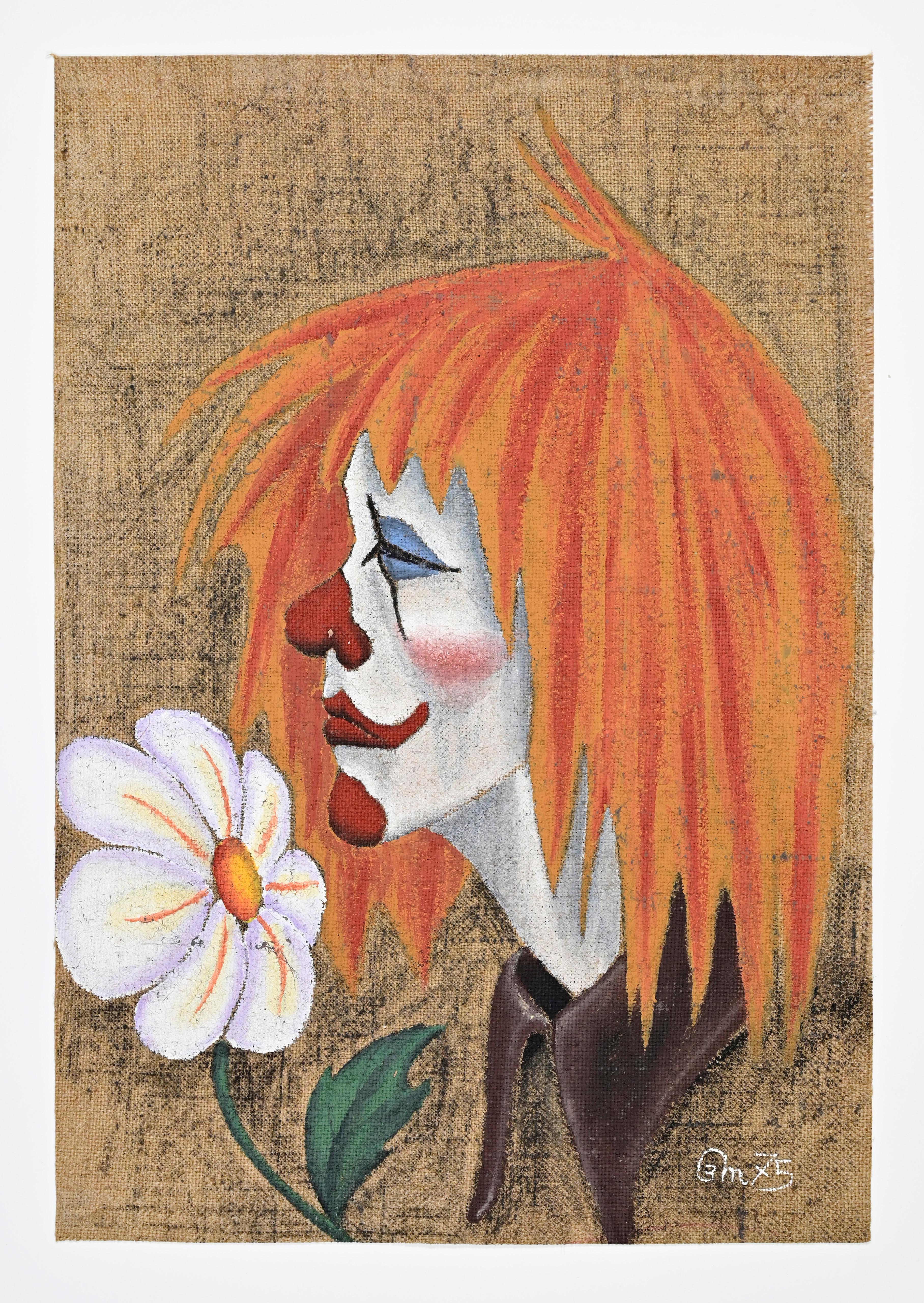 Clown Mixed Media on Jute Canvas, Italian, Circa 1975, Signed - Mixed Media Art by Bruno Melappioni