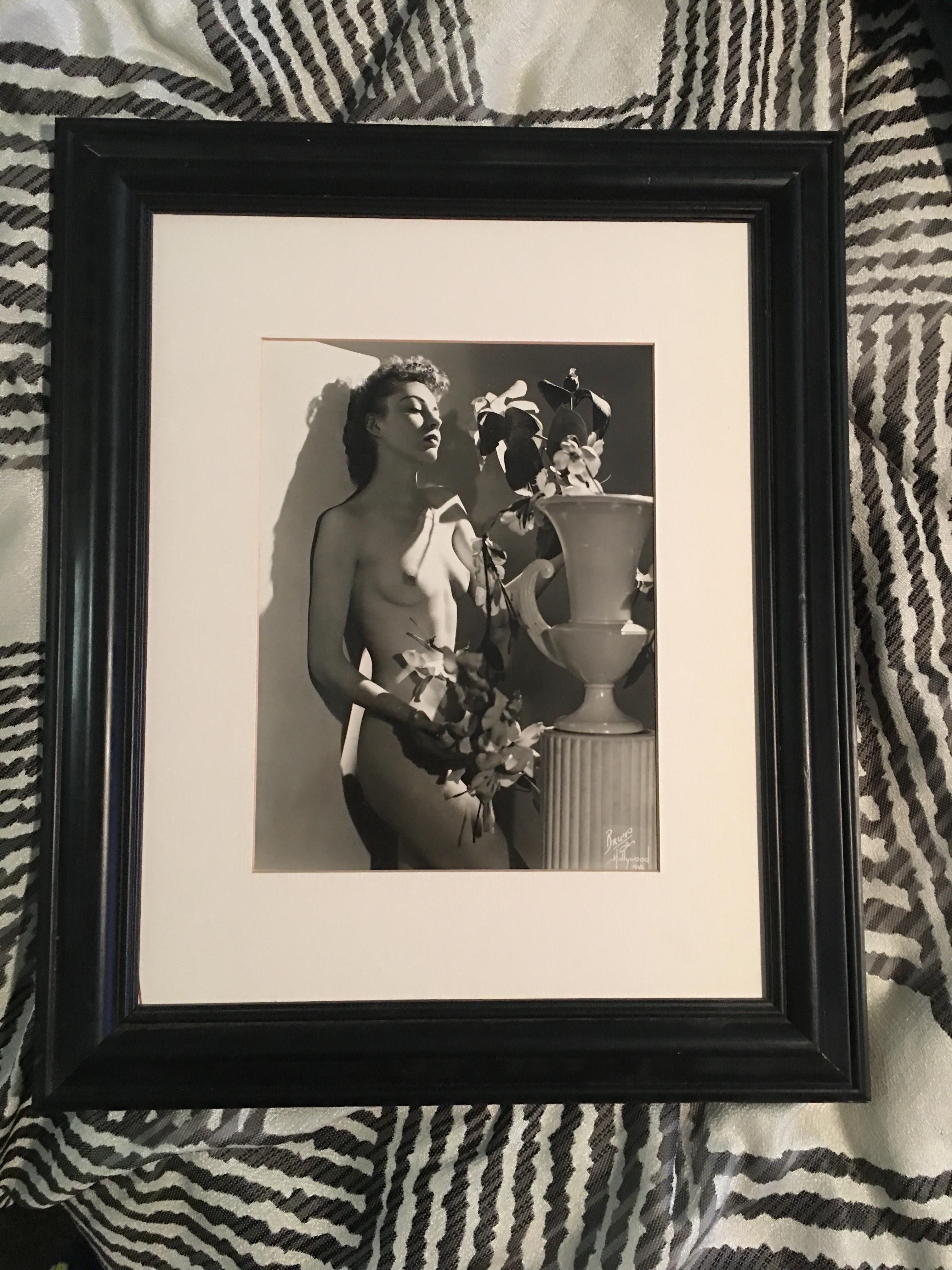 A beautiful mid century modern nude by photographerBruno Bernard aka Bruno of Hollywood. His work is very collectible and hard to find these original prints while he was still alive and printing his own work. The photo is a crisp beautiful