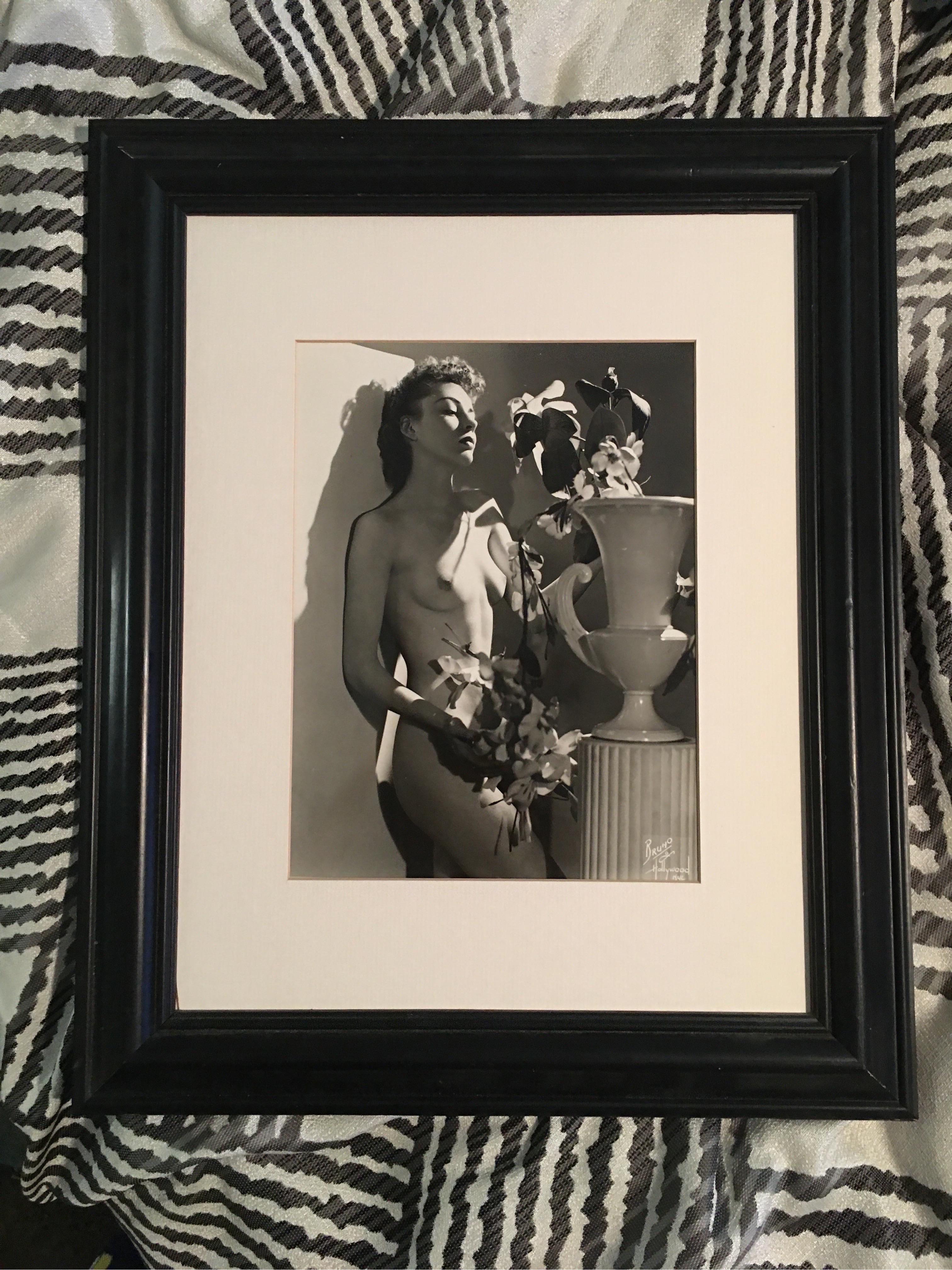 Mid-Century Modern Bruno of Hollywood  B & W Original Nude Photograph Woman with Flowers, Framed For Sale