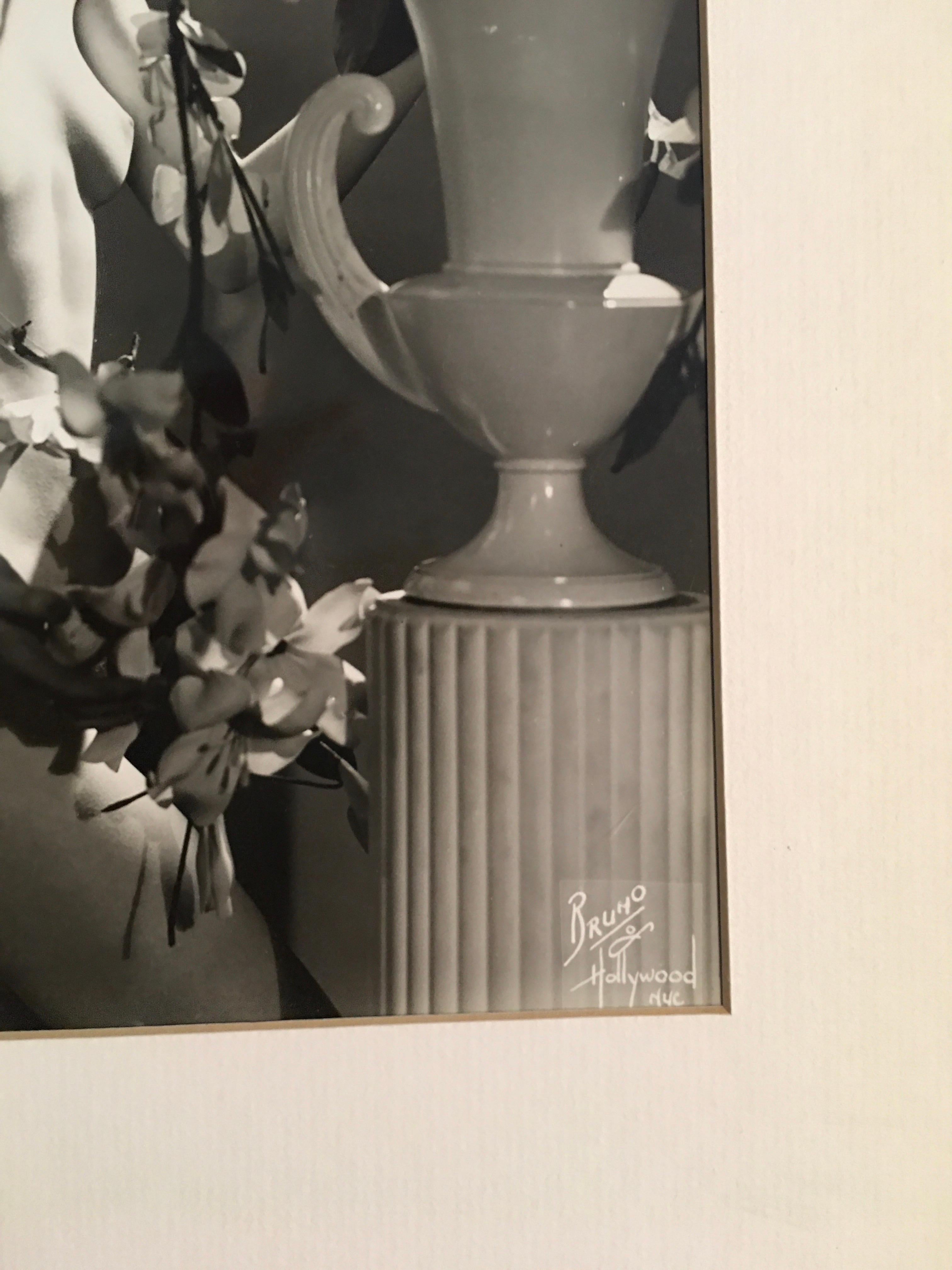 American Bruno of Hollywood  B & W Original Nude Photograph Woman with Flowers, Framed For Sale