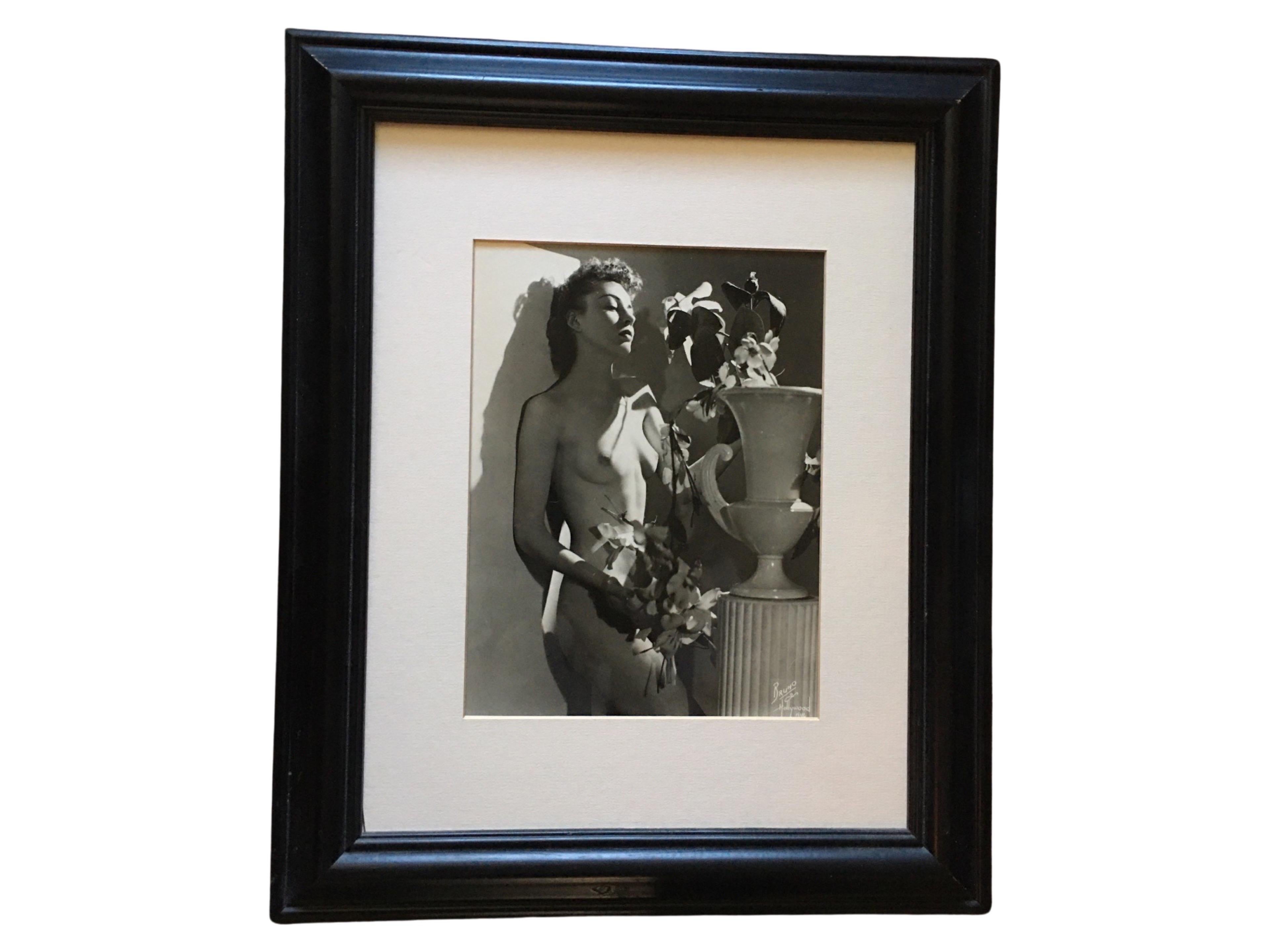 Bruno of Hollywood  B & W Original Nude Photograph Woman with Flowers, Framed In Good Condition For Sale In Palm Springs, CA