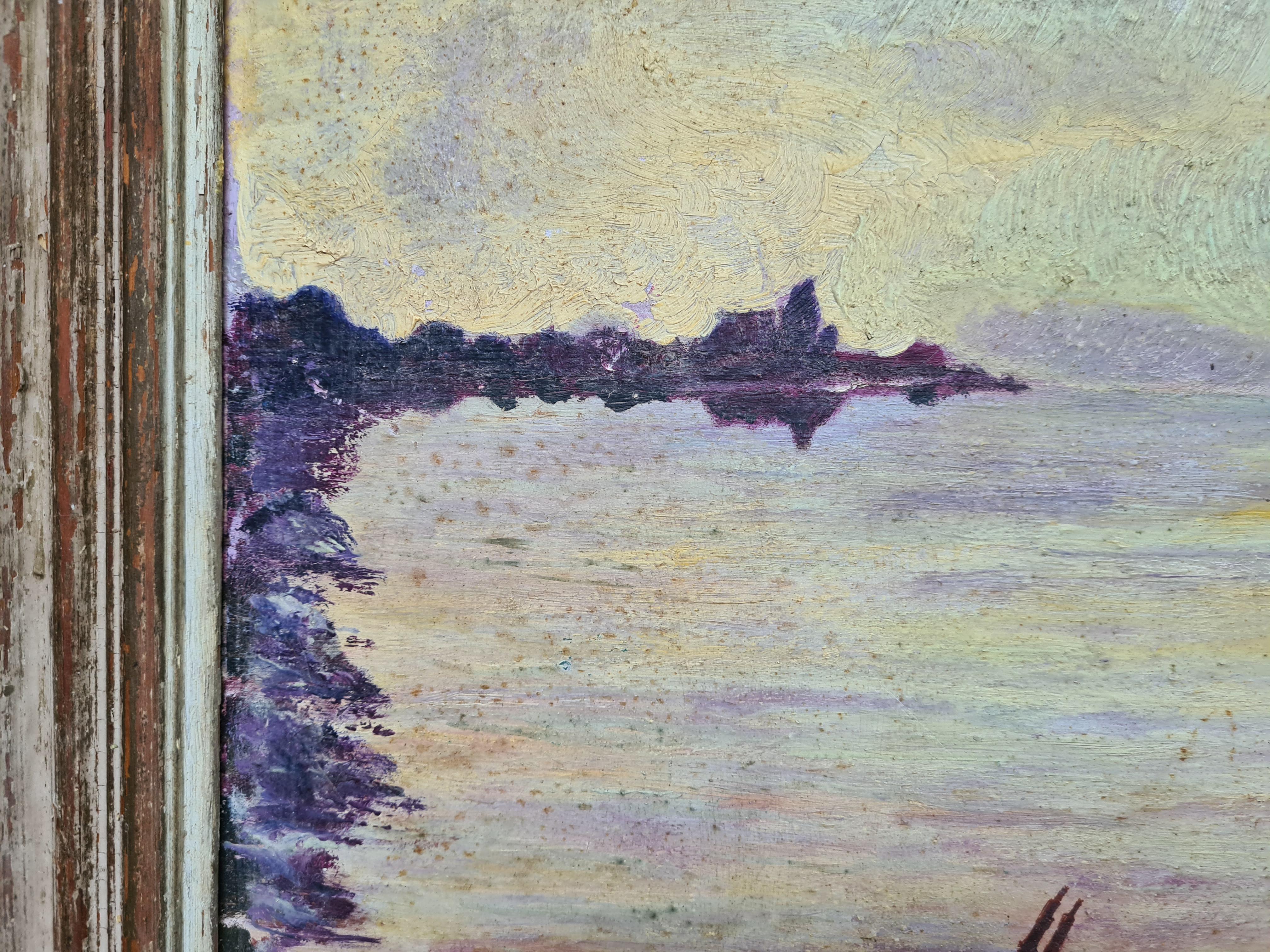 Scène de port post-impressionniste du milieu du siècle, Les bateaux à Crepuscule en vente 5