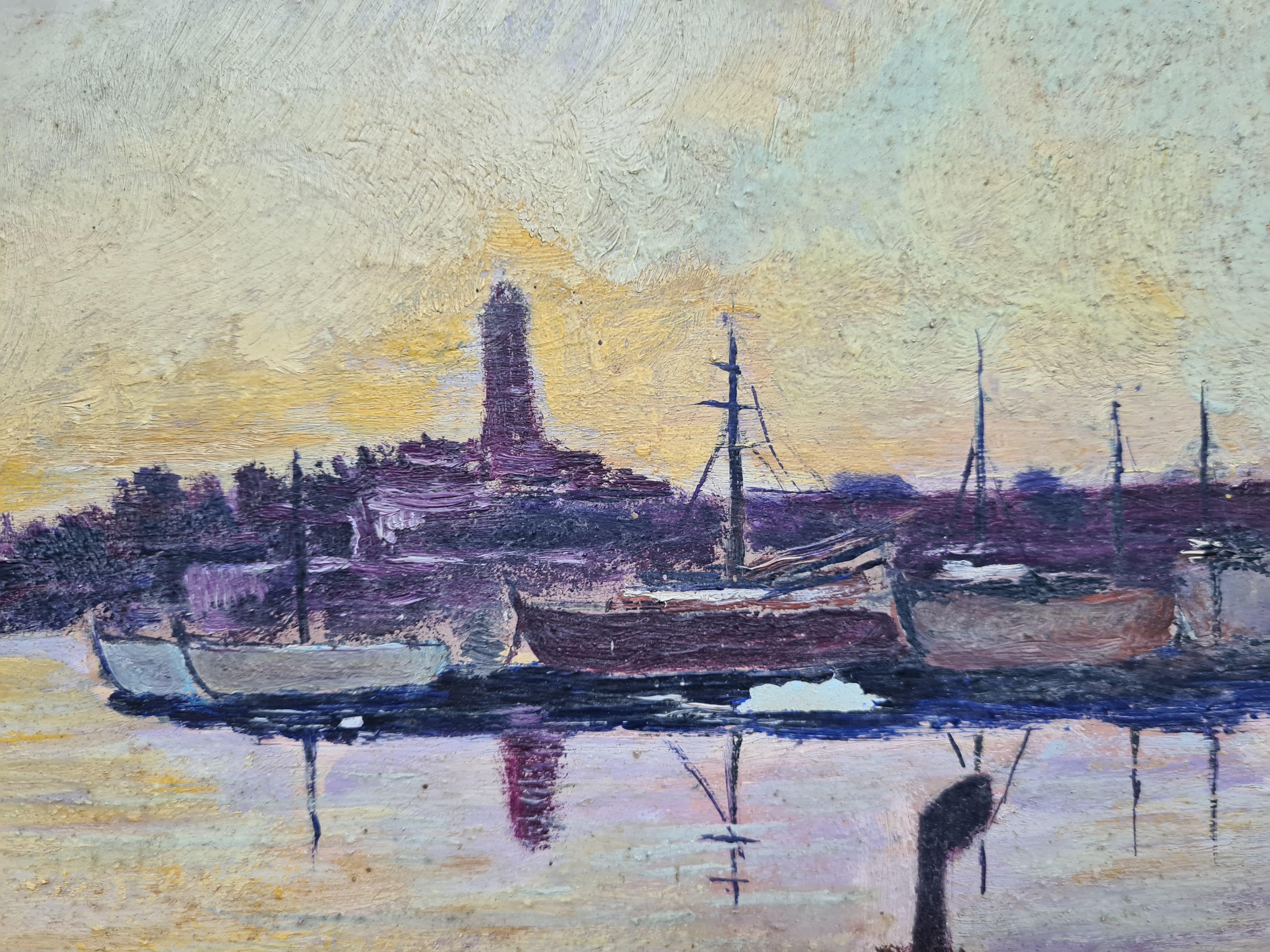 Scène de port post-impressionniste du milieu du siècle, Les bateaux à Crepuscule en vente 7