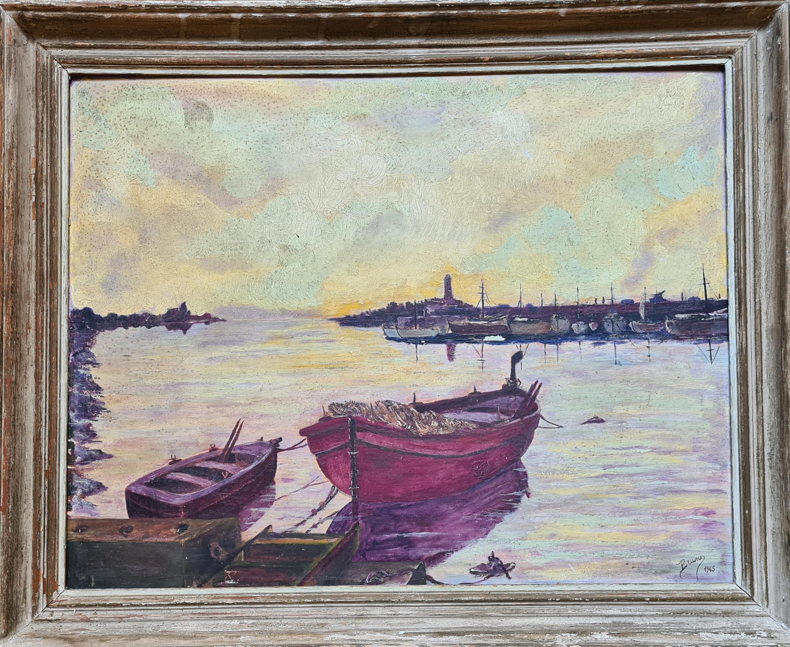 Scène de port post-impressionniste du milieu du siècle, Les bateaux à Crepuscule en vente 8