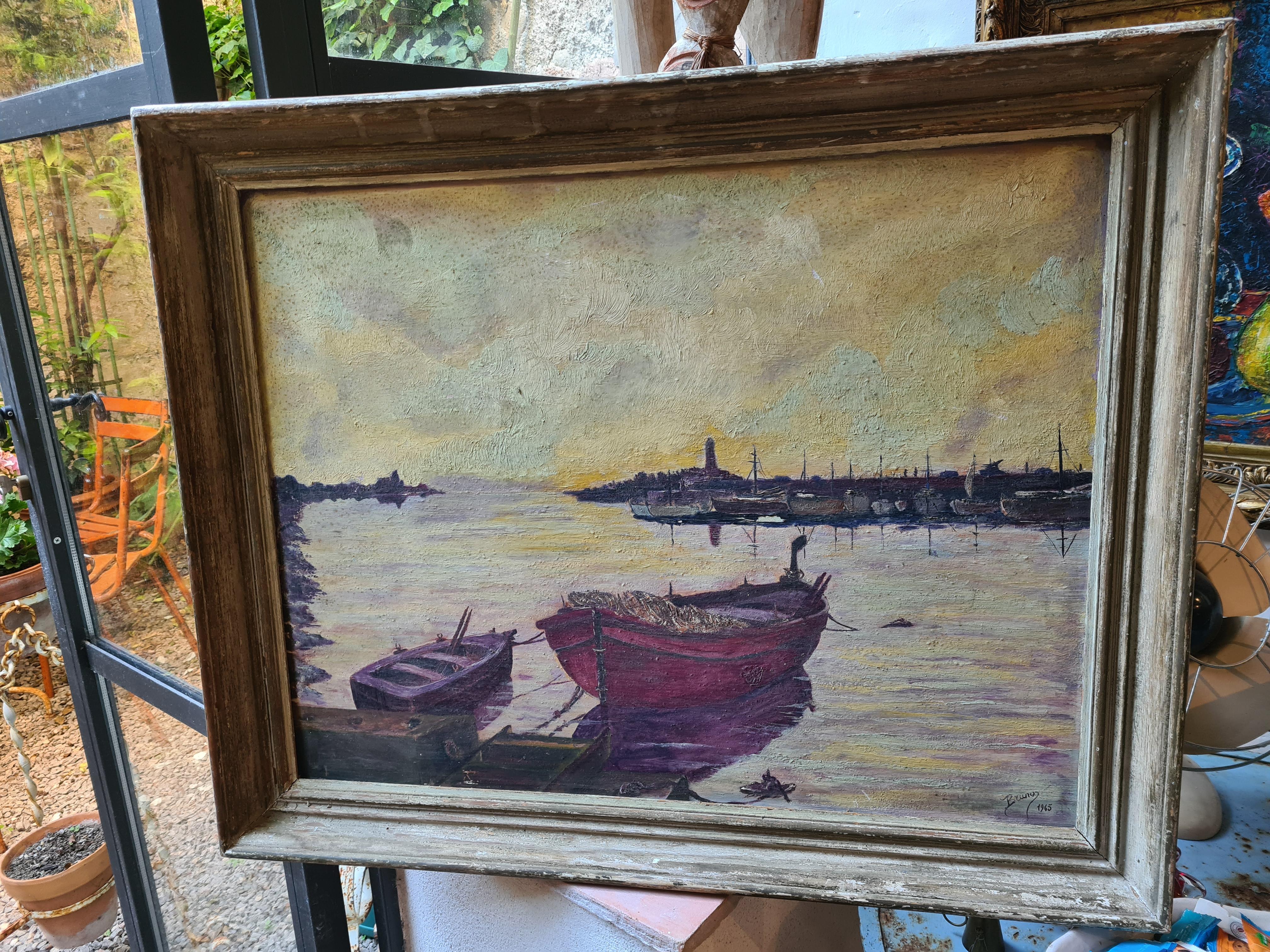 Scène de port post-impressionniste du milieu du siècle, Les bateaux à Crepuscule en vente 9