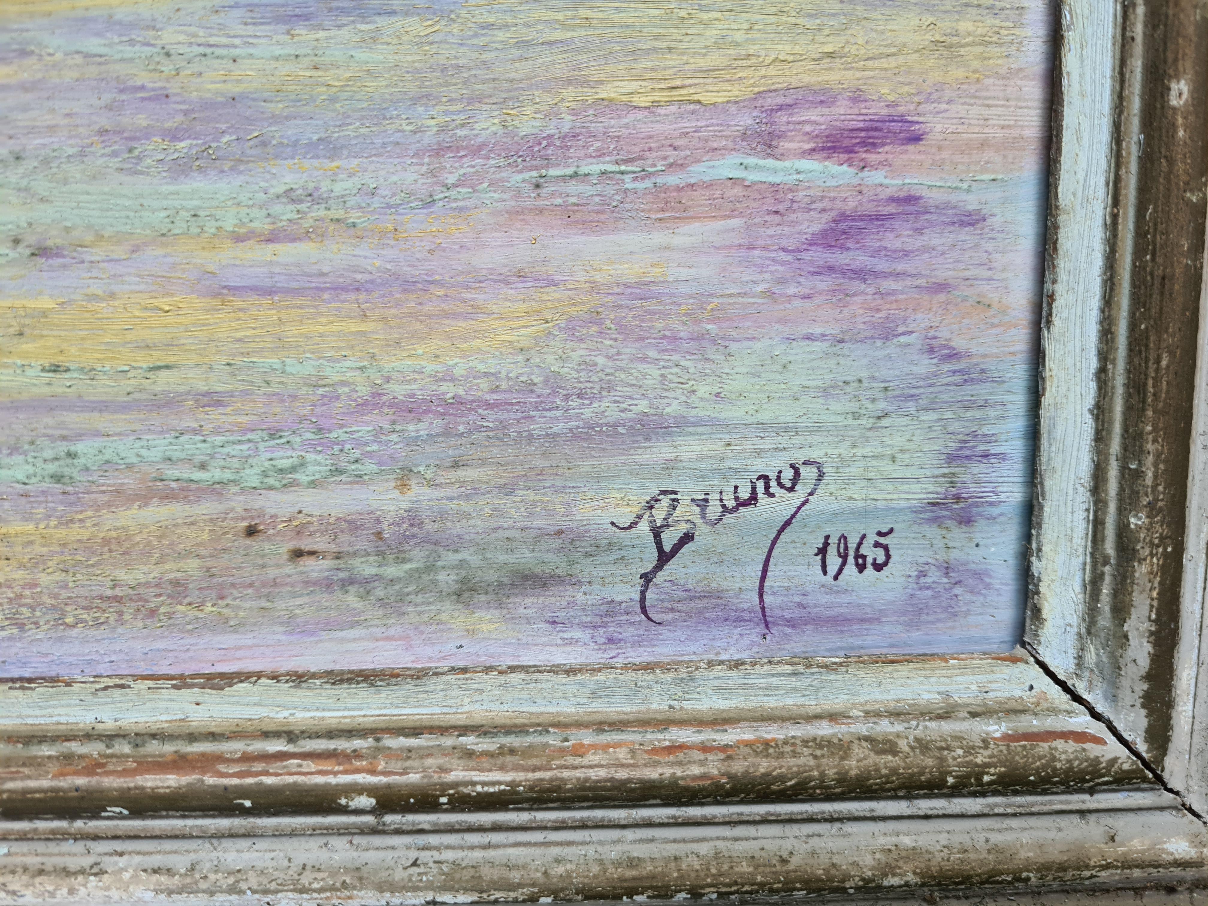 Scène de port post-impressionniste du milieu du siècle, Les bateaux à Crepuscule - Painting de Bruno