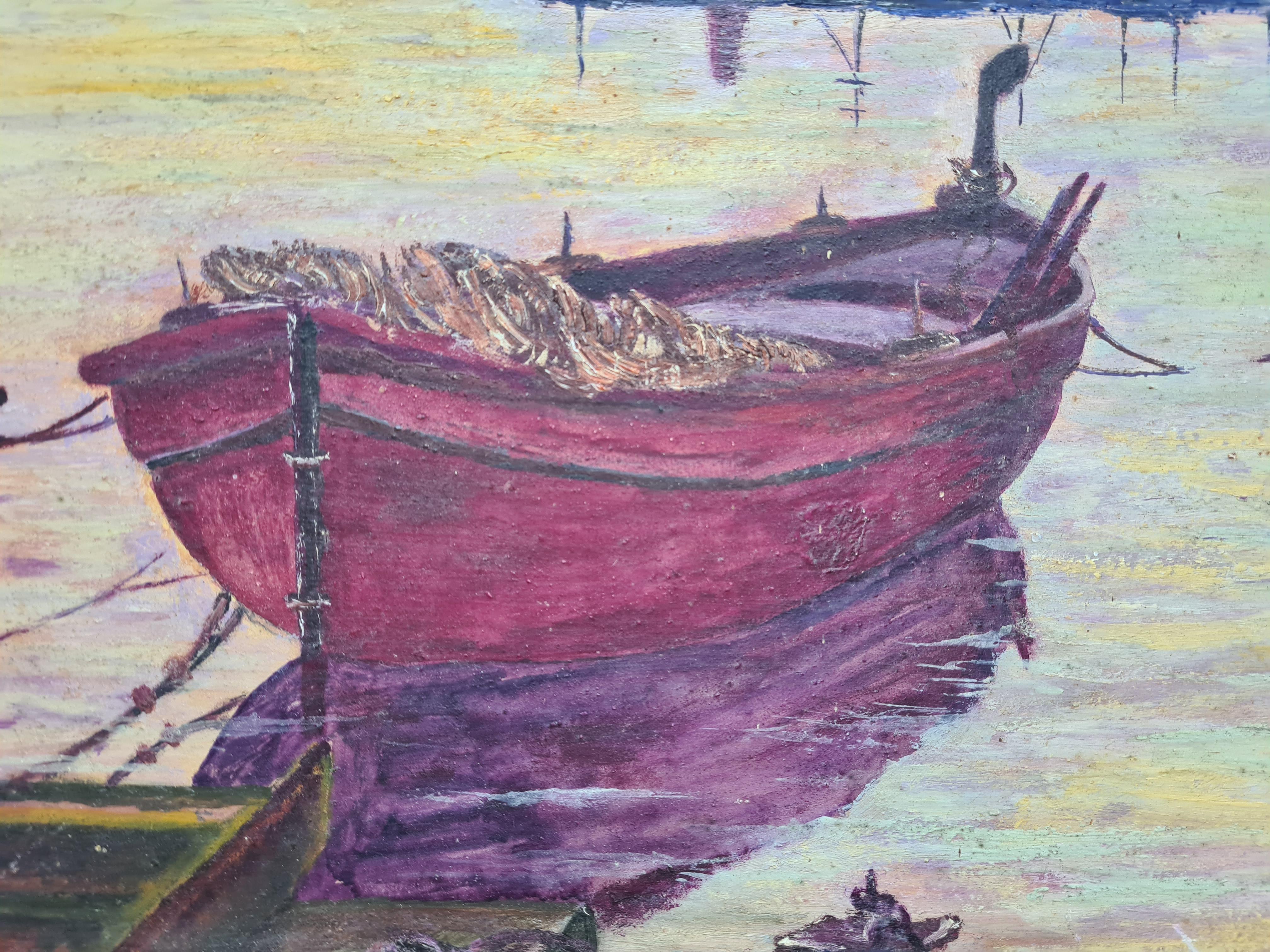 Scène de port post-impressionniste du milieu du siècle, Les bateaux à Crepuscule - Post-impressionnisme Painting par Bruno