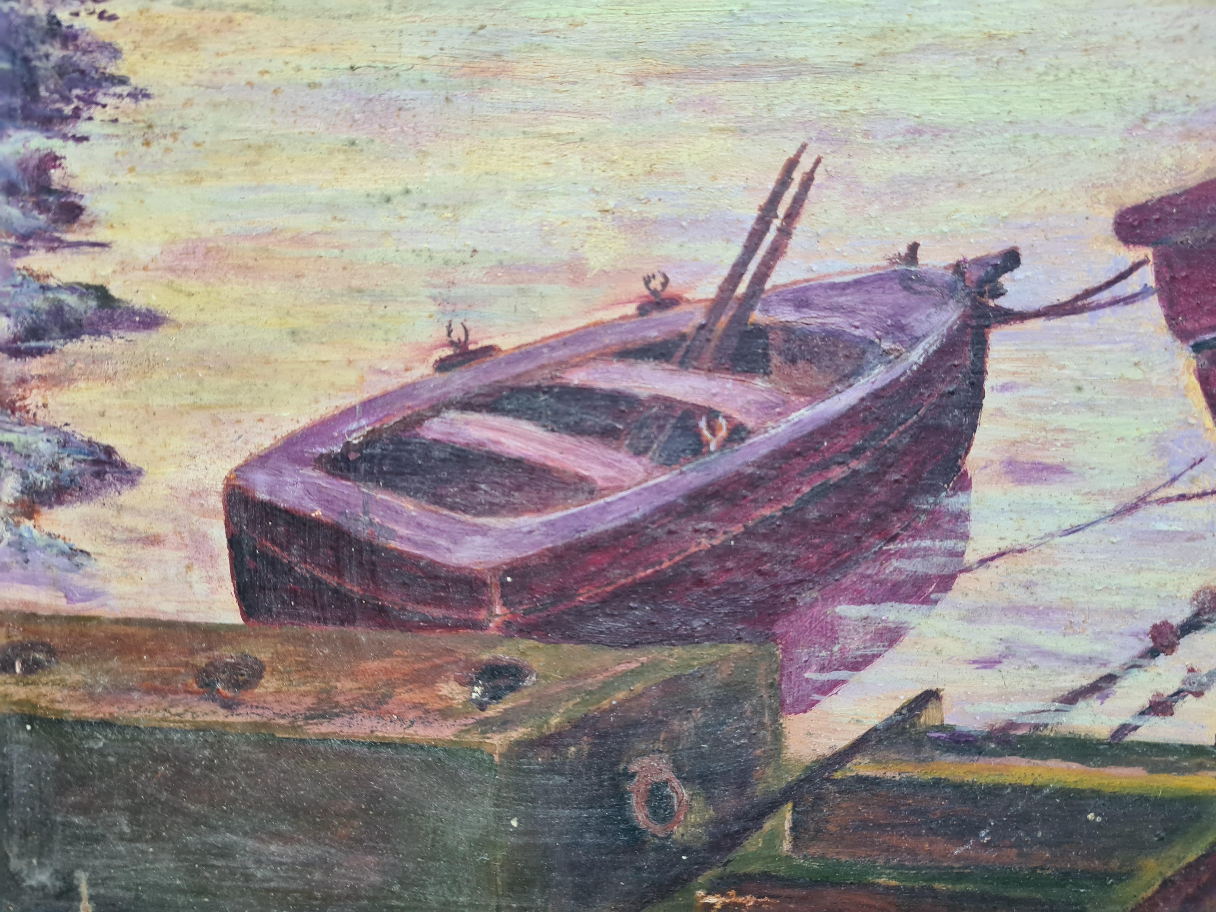 Scène de port post-impressionniste du milieu du siècle, Les bateaux à Crepuscule - Gris Landscape Painting par Bruno