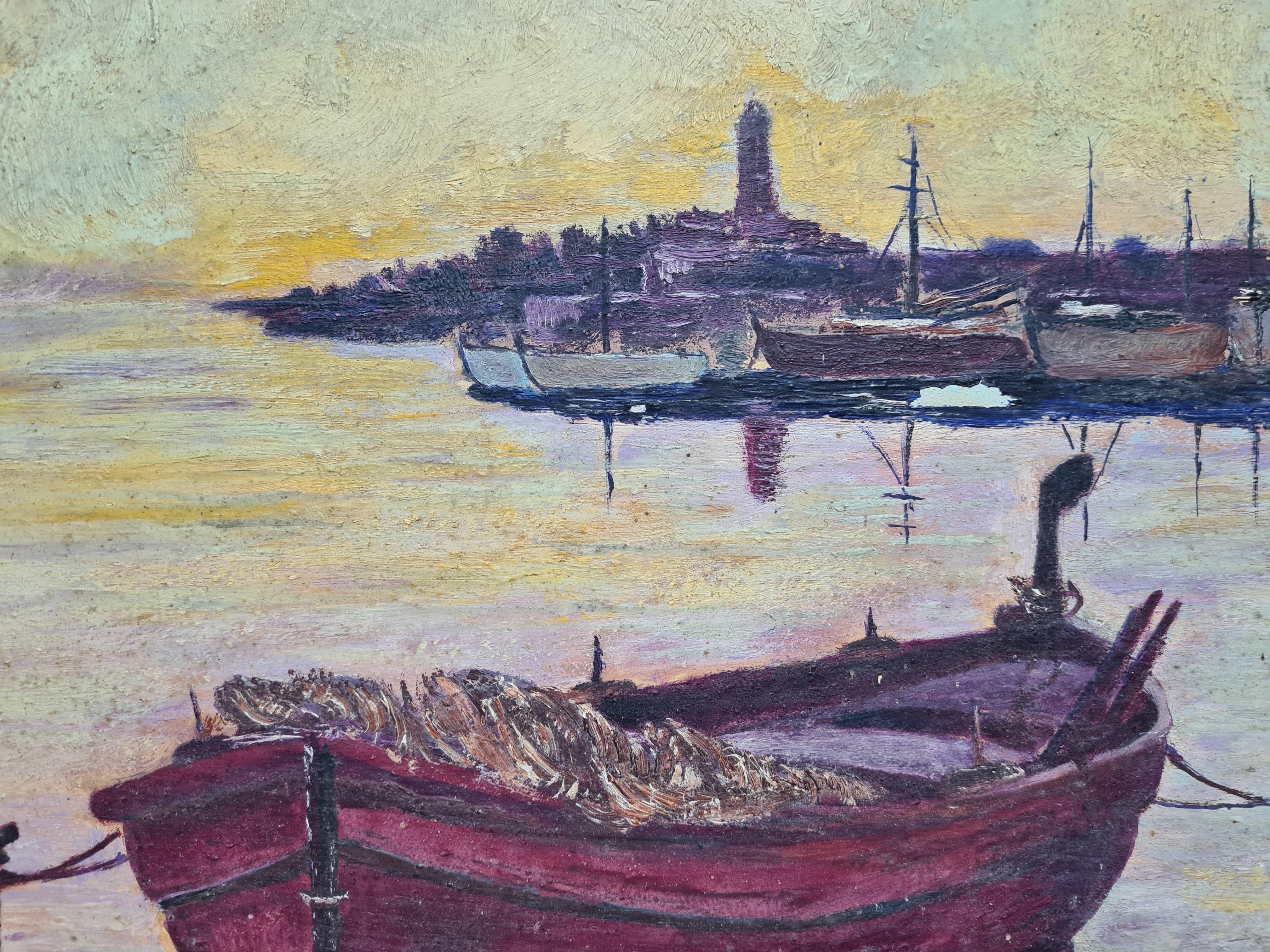 Huile sur carton du milieu du siècle représentant une scène portuaire avec des bateaux à Crépuscule par Bruno. Le tableau est signé et daté en bas à droite. Présenté dans un beau cadre en bois patiné.

Cette œuvre d'art captivante présente un