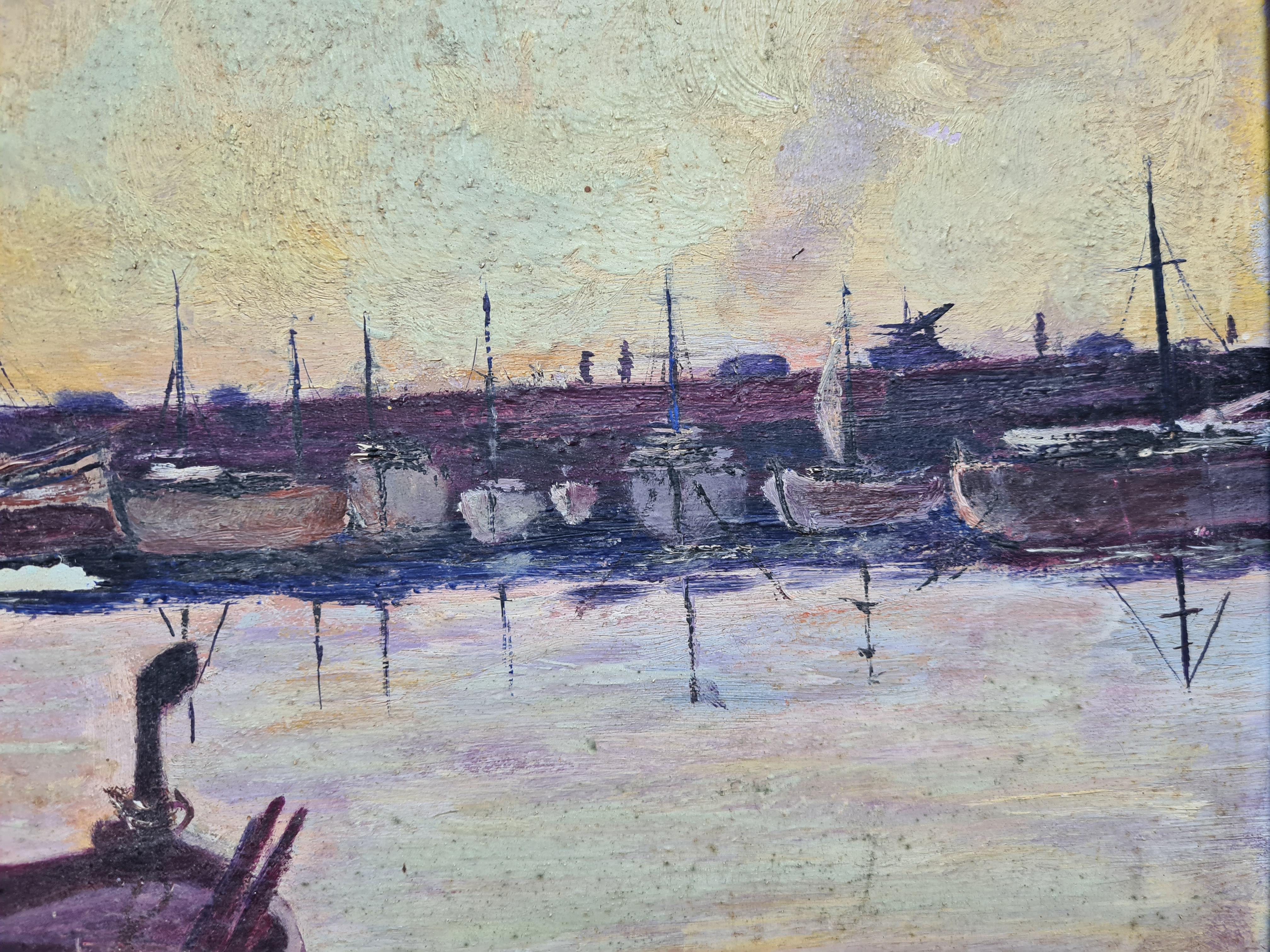 Scène de port post-impressionniste du milieu du siècle, Les bateaux à Crepuscule en vente 2