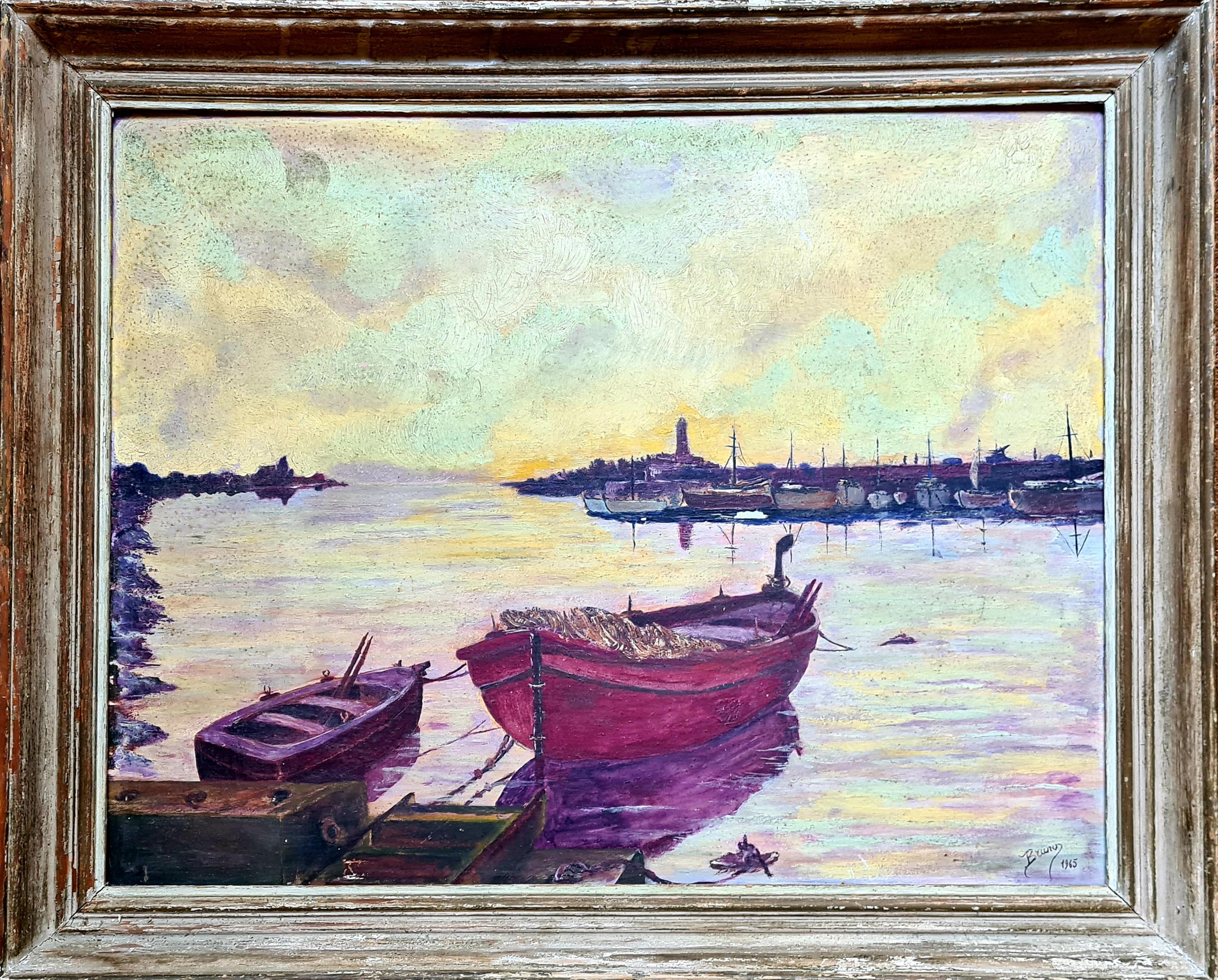 Scena portuale post impressionista di metà secolo, Le barche a Crepuscule
