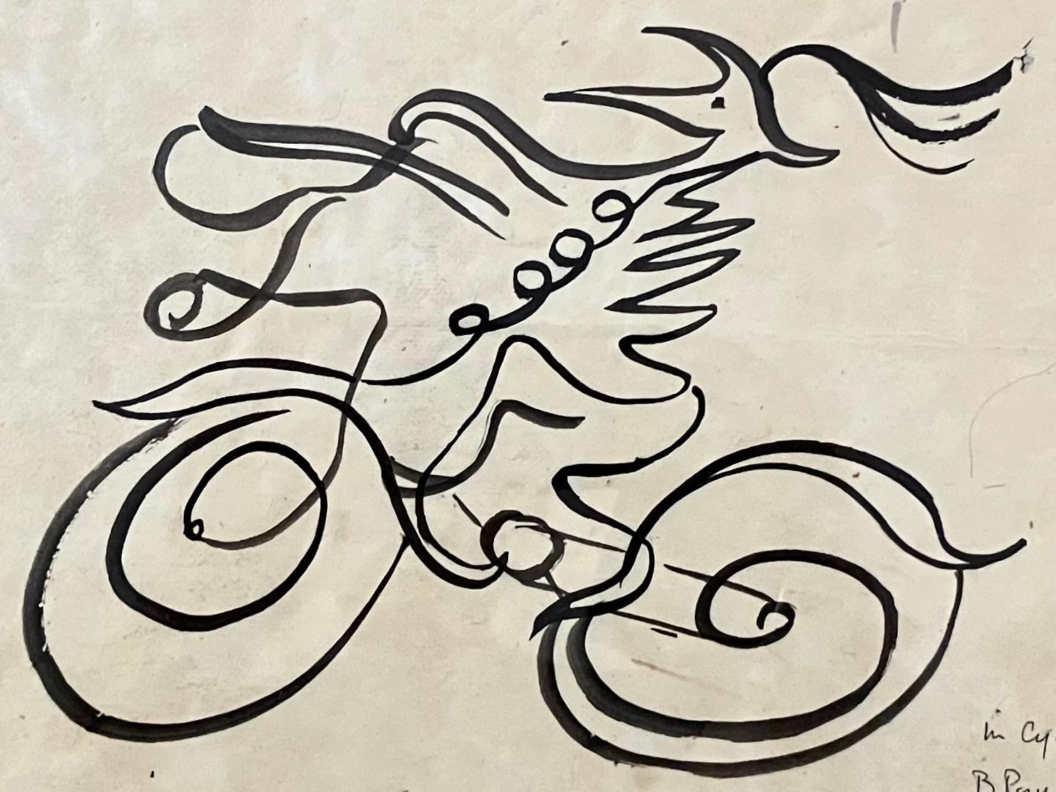 Bruno Pasquiier Desvignes (1930-  ) In Cyclo Melodia, 1992. Dessin original à l'encre sur papier de style surréaliste dans un cadre vintage crème et perles dorées. France, 1992. 
Dimensions : 18