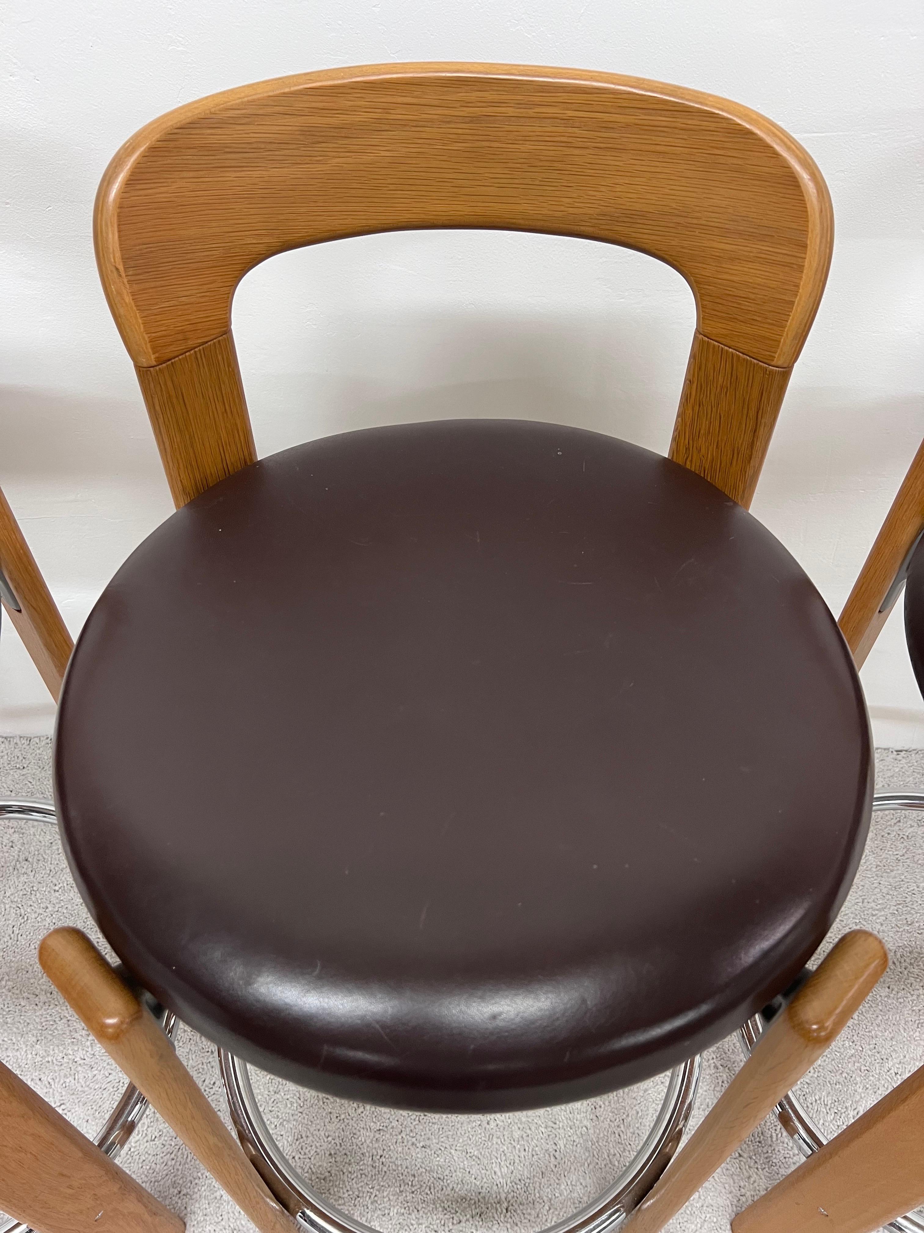 Bruno Rey Brown Leather and Beech Bar Stools for Stendig, 1970s, Set of Three 4