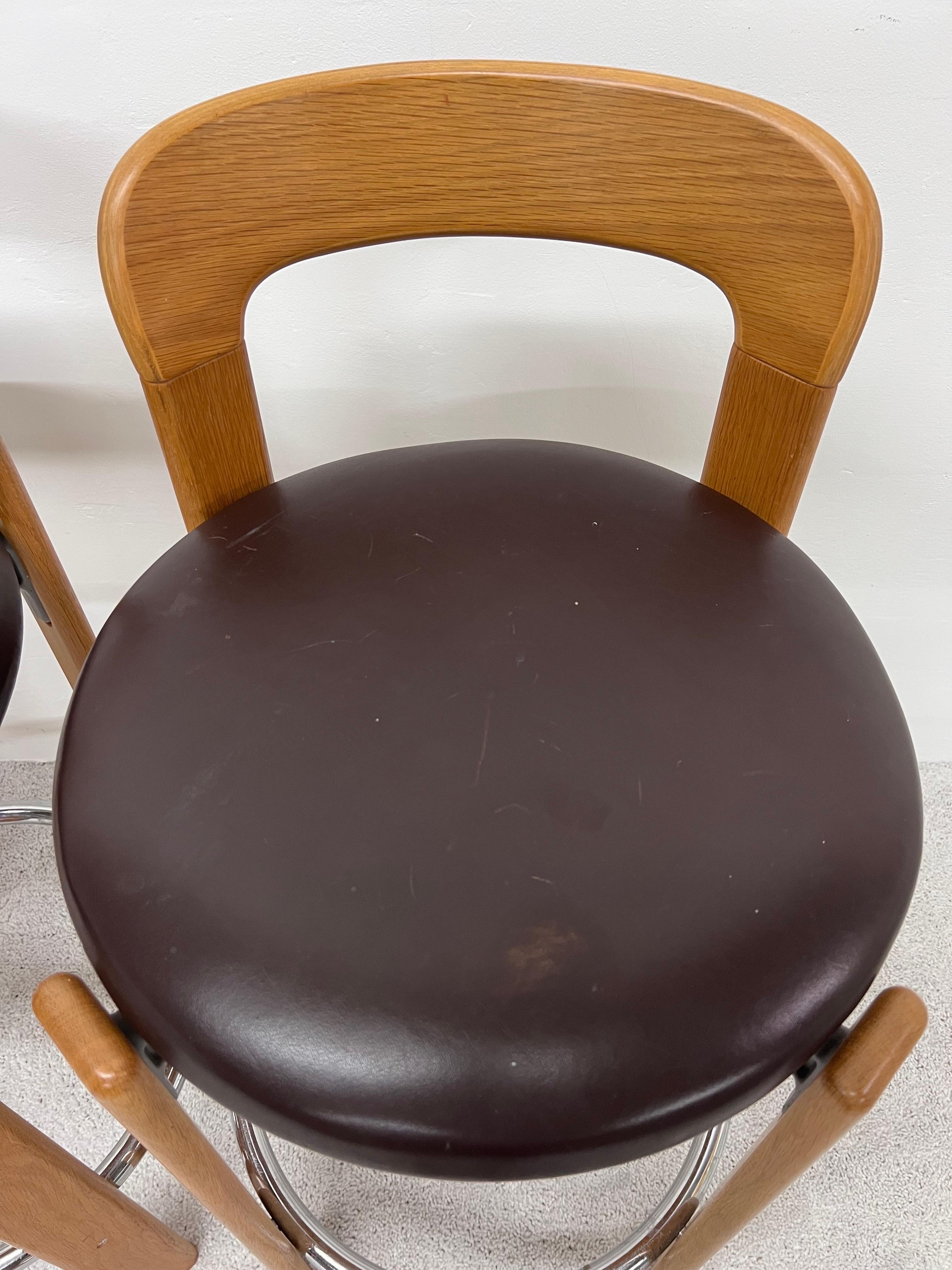 Bruno Rey Brown Leather and Beech Bar Stools for Stendig, 1970s, Set of Three 5
