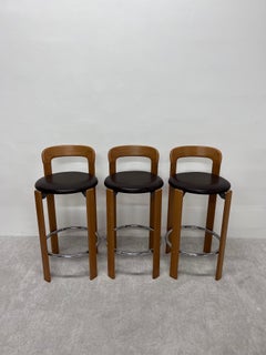 Bruno Rey Braune Barhocker aus Leder und Buche für Stendig, 1970er Jahre, Dreier-Set