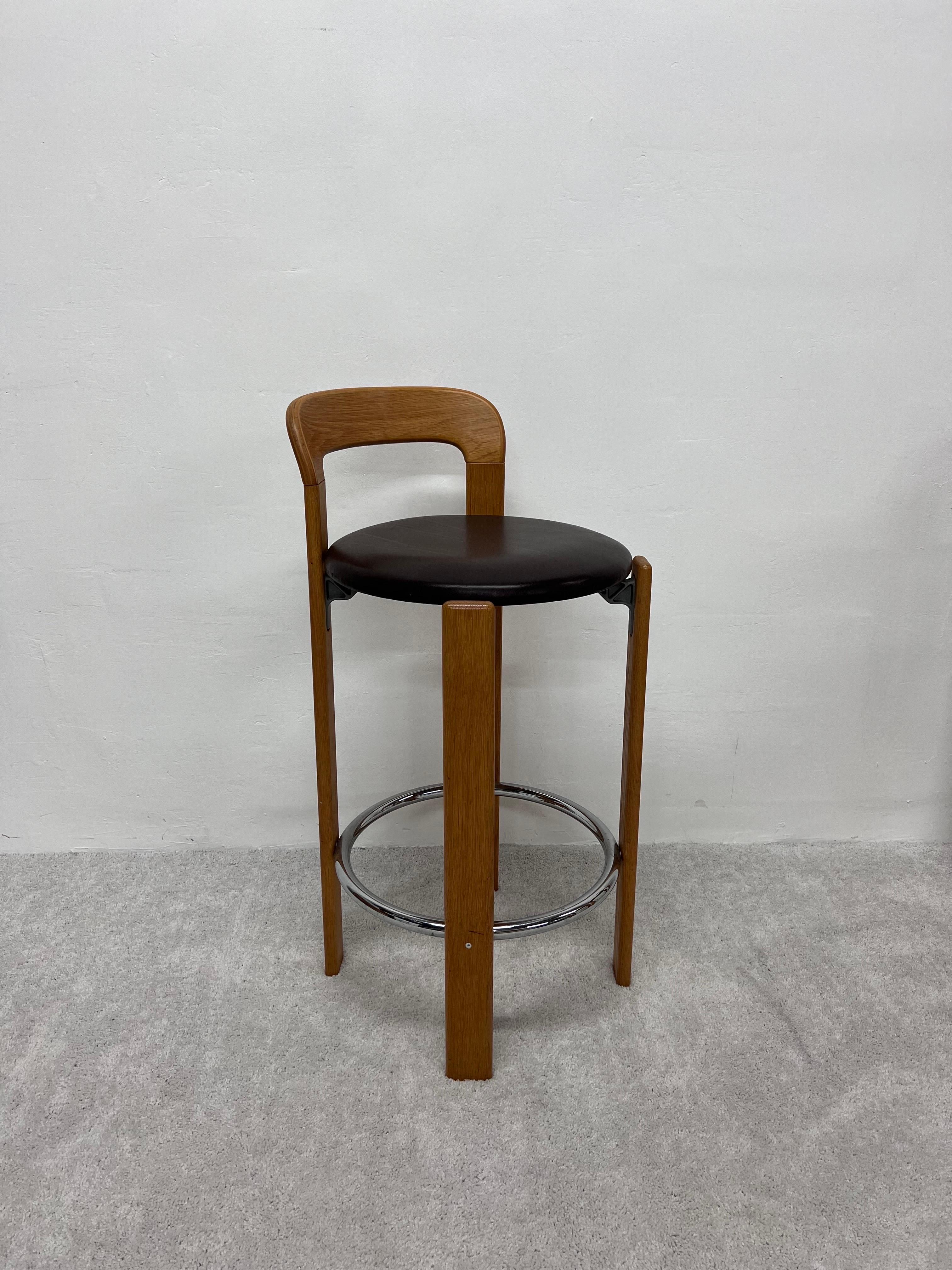 Mid-Century Modern Bruno Rey Brown Leather and Beech Bar Stools for Stendig, 1970s, Set of Three