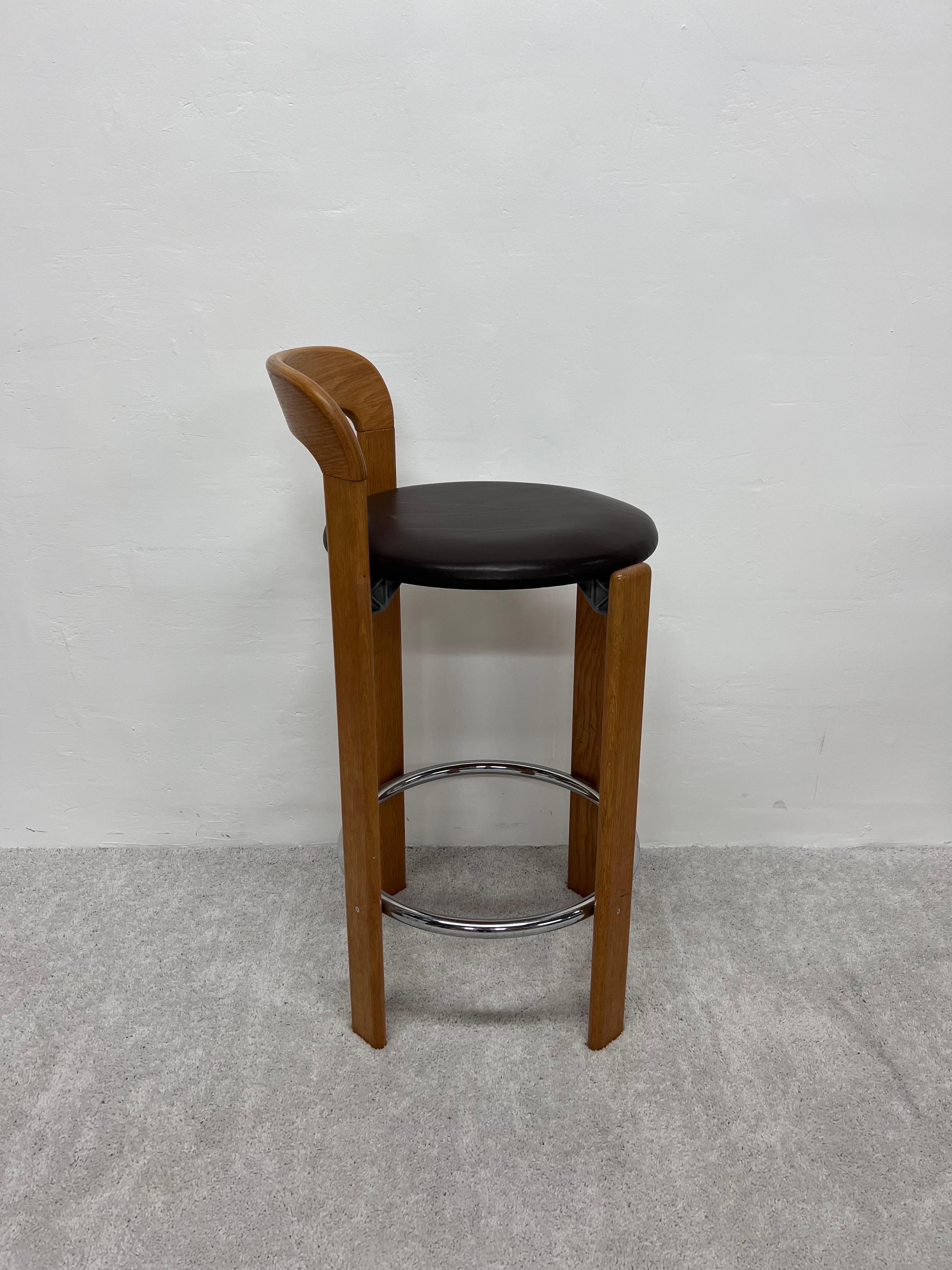 Swiss Bruno Rey Brown Leather and Beech Bar Stools for Stendig, 1970s, Set of Three