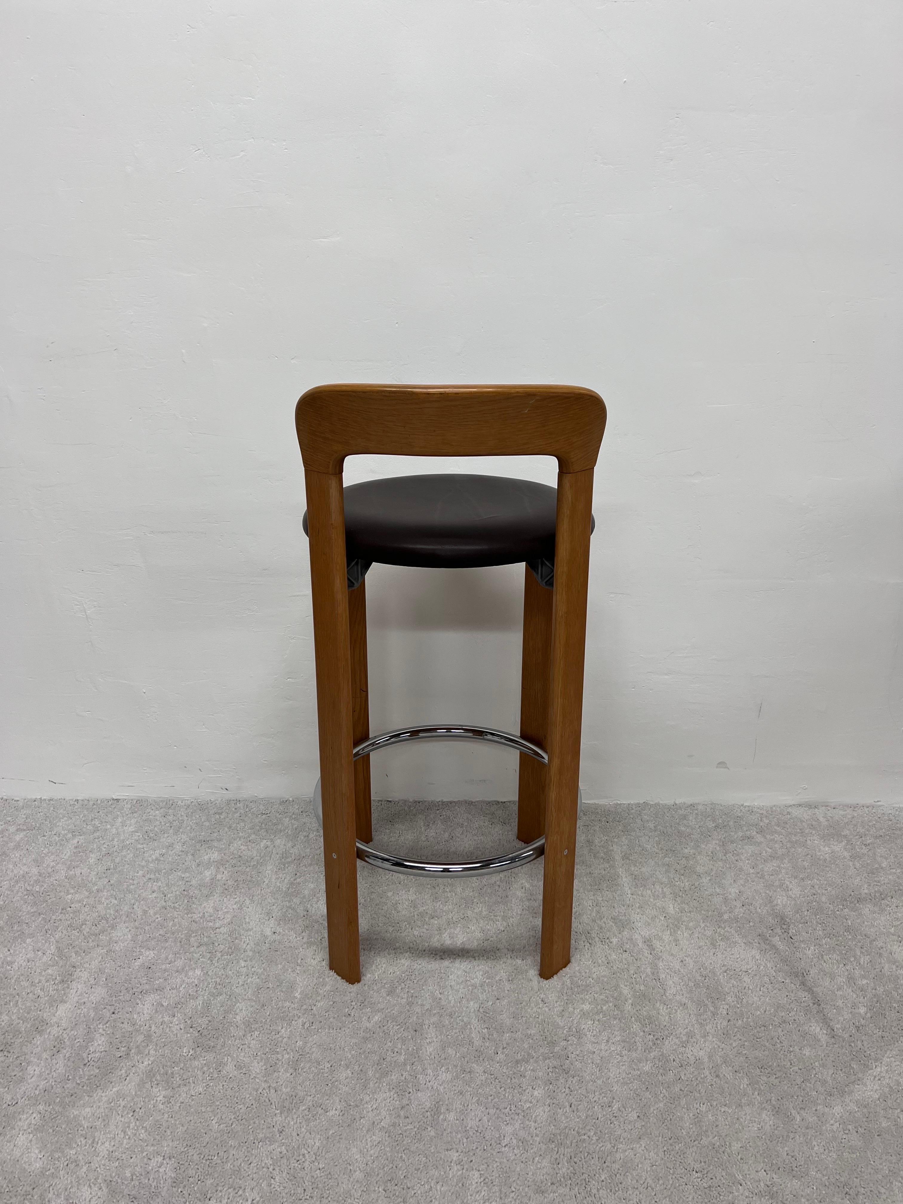 Bruno Rey Brown Leather and Beech Bar Stools for Stendig, 1970s, Set of Three In Good Condition In Miami, FL