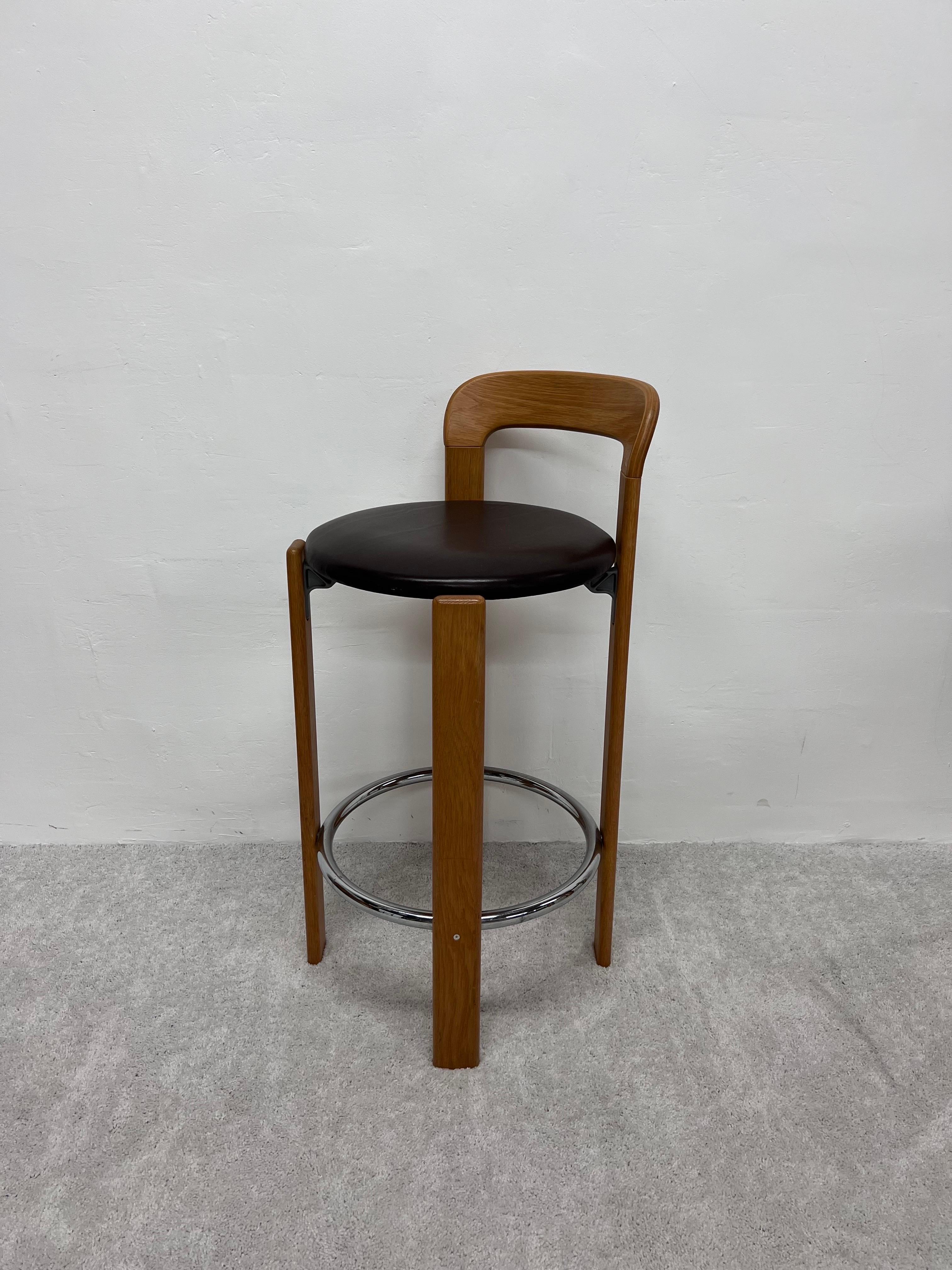 Bruno Rey Brown Leather and Beech Bar Stools for Stendig, 1970s, Set of Three 1
