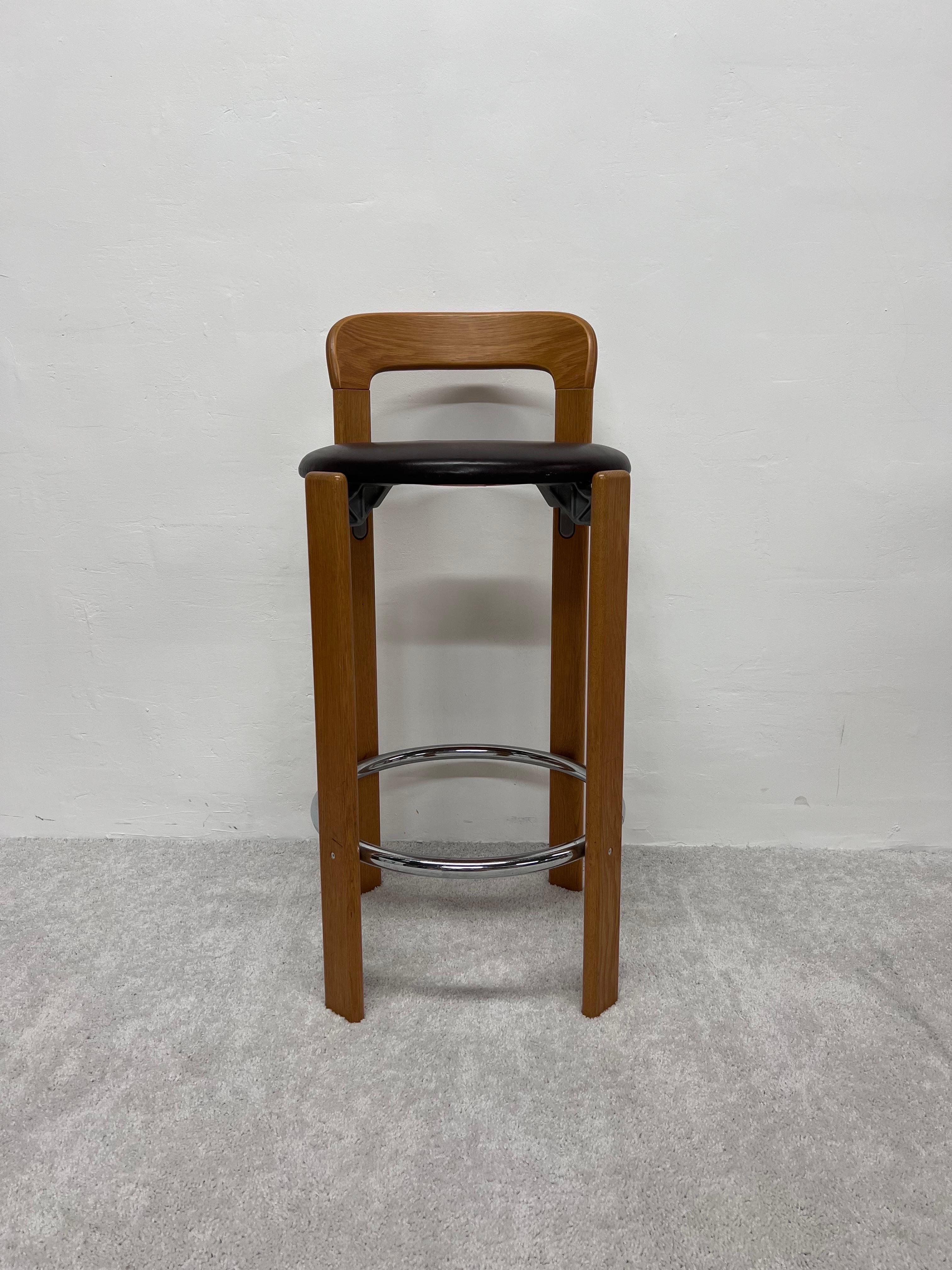 Bruno Rey Brown Leather and Beech Bar Stools for Stendig, 1970s, Set of Three 2