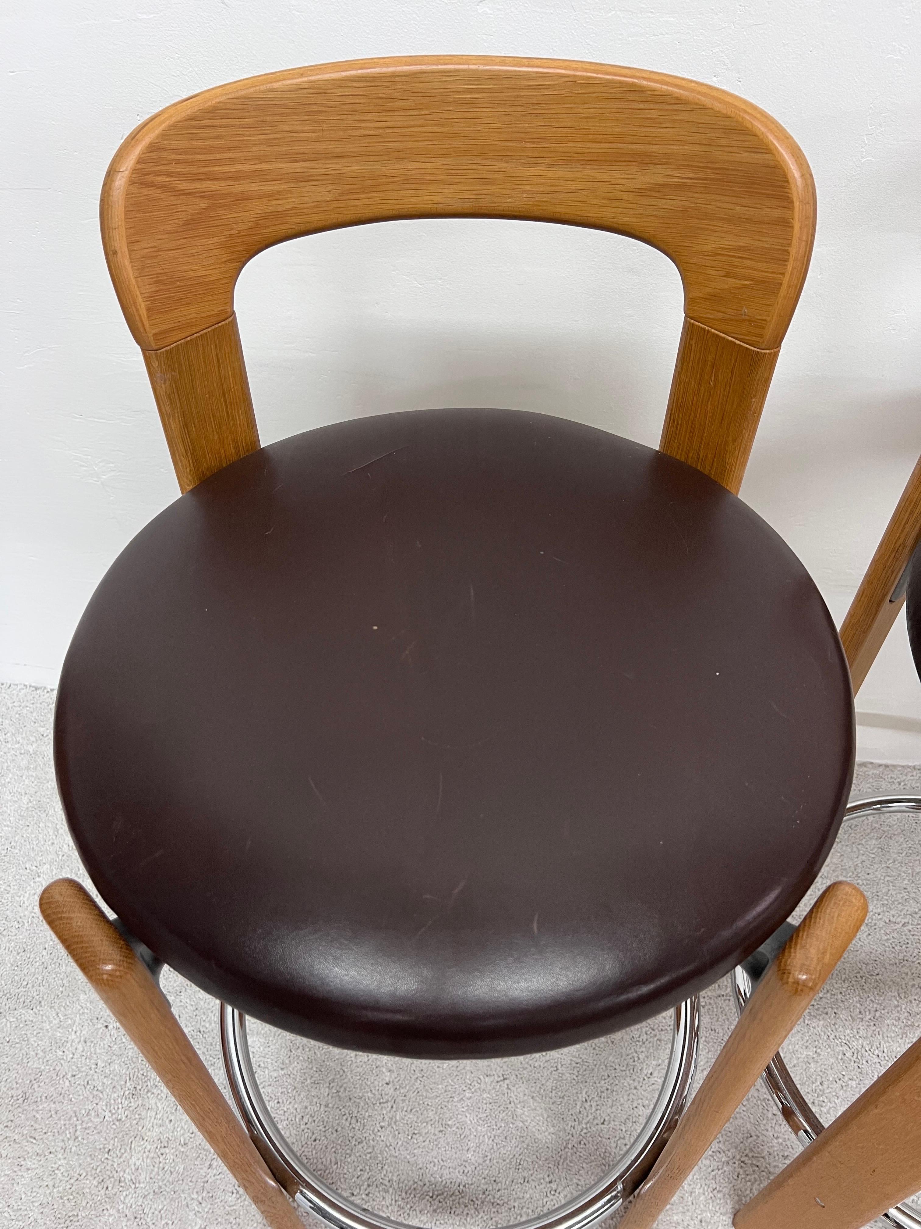 Bruno Rey Brown Leather and Beech Bar Stools for Stendig, 1970s, Set of Three 3