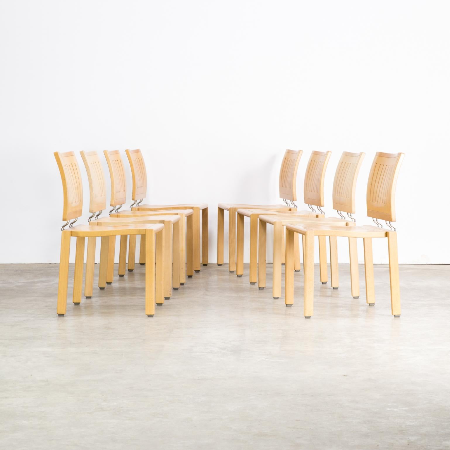 Bruno Rey & Charles Polin “Quadro W” dining chair for Dietiker, set of 8. One set of 8 dining chairs, beautiful design, rare, laminated wood, strong and stackable. Good condition consistent with age and use.