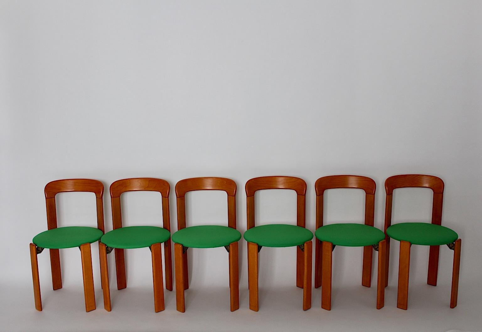 Swiss Bruno Rey Dining Chairs Vintage Brown Beech Green 1970s Up to Twenty Five For Sale