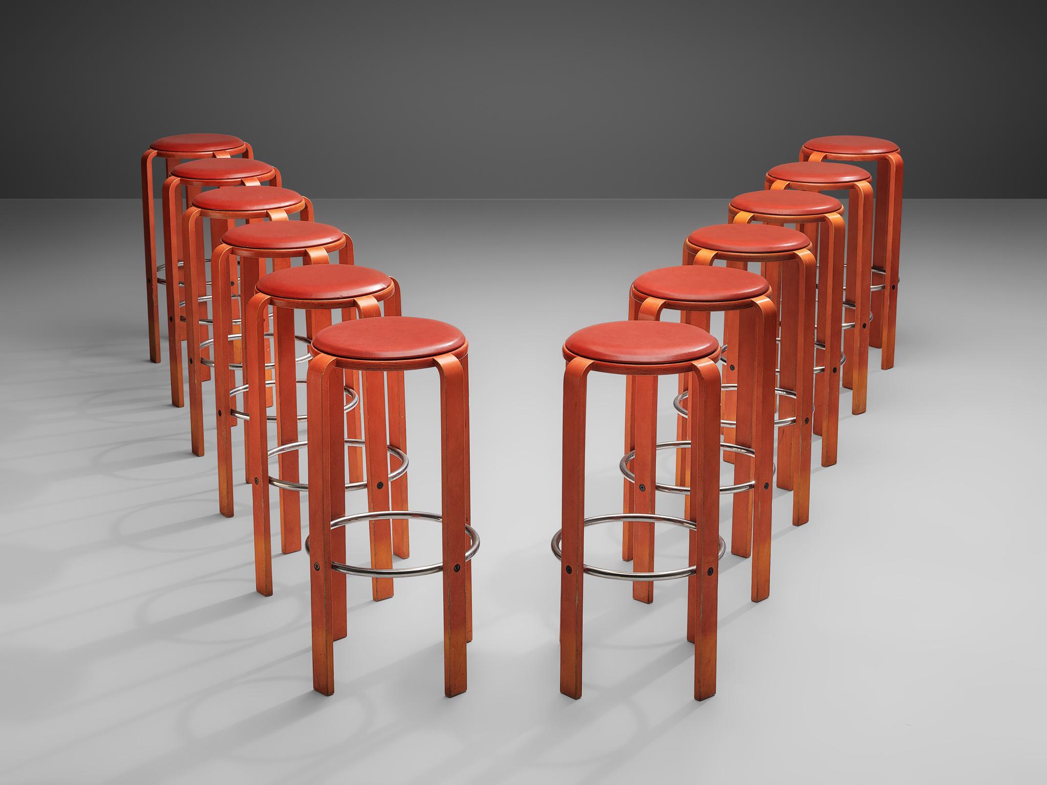 Bruno Rey for Dietiker, set of barstools, plywood, aluminum and leather, Switzerland, 1970s

Set of barstools by Bruno Rey and produced by Dietiker in the 1970s. The stools are made of red lacquered wood and the padded seat is finished with red