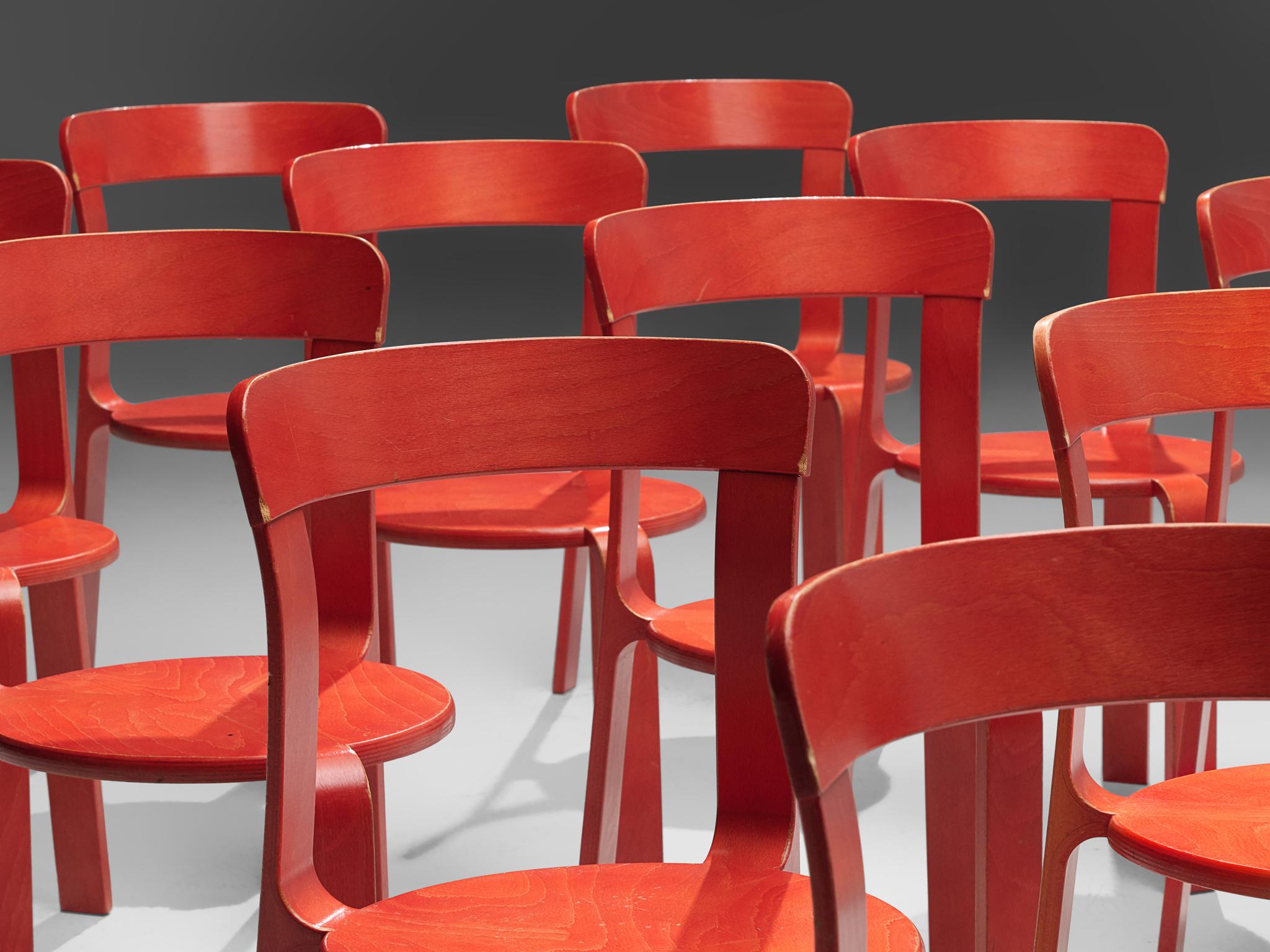 Swiss Bruno Rey for Dietiker Chairs in Red Plywood, 1970s