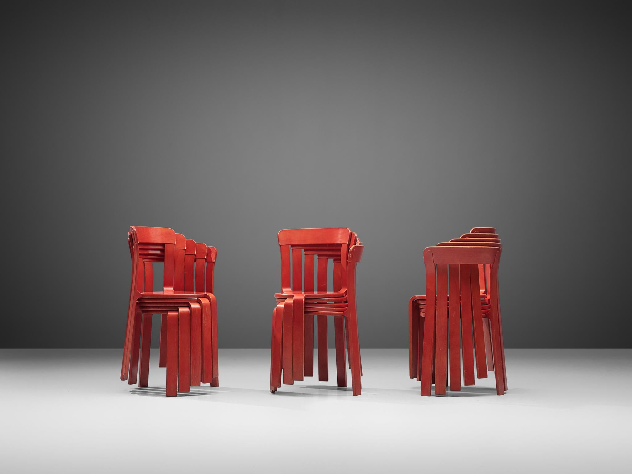 Bruno Rey for Dietiker Chairs in Red Plywood, 1970s In Good Condition In Waalwijk, NL
