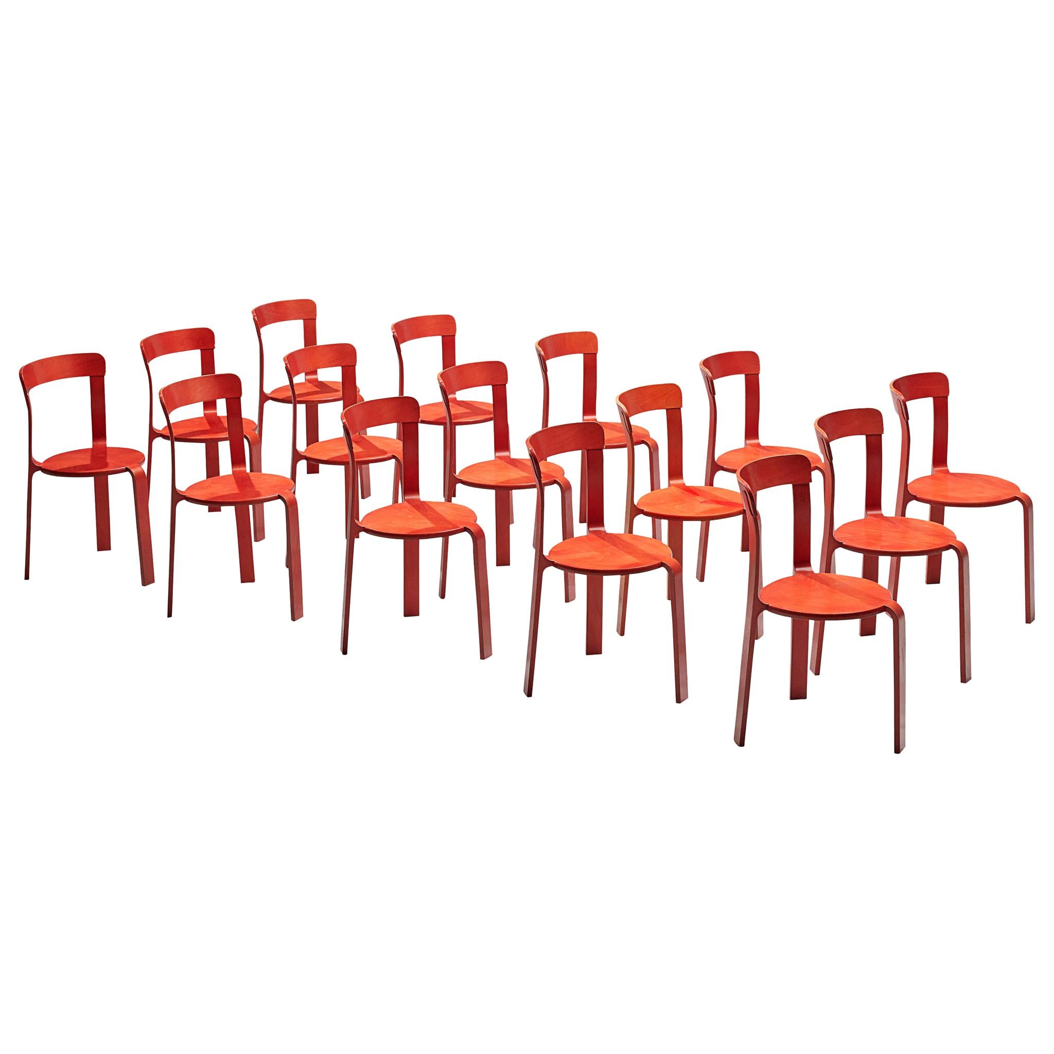 Bruno Rey for Dietiker Chairs in Red Plywood, 1970s
