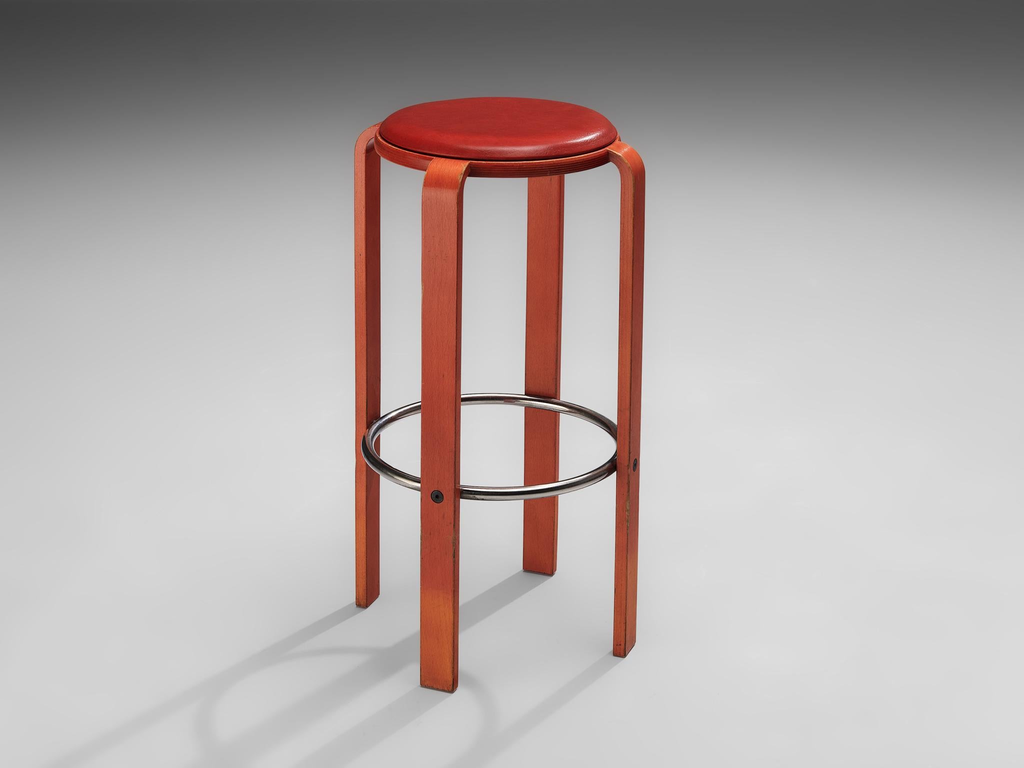 Bruno Rey for Dietiker, barstool, plywood, leather, metal, Switzerland, 1970s

Constructed from vibrant red lacquered plywood, the stool exudes a sense of warmth and sophistication, while the padded seat, luxuriously finished with supple red