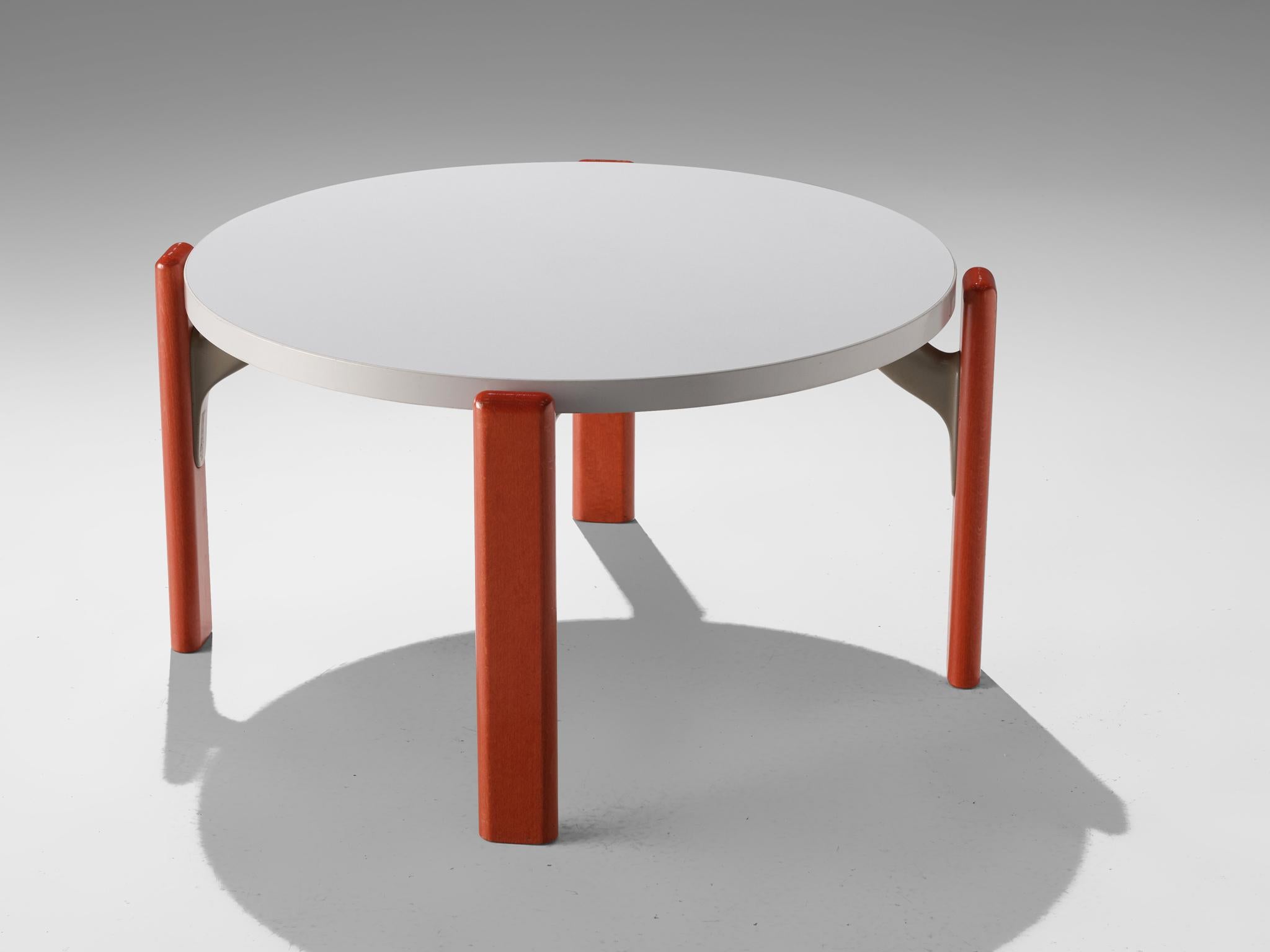 Bruno Rey for Dietiker, coffee table, plywood, Switzerland, 1970s

This coffee table embodies four red lacquered legs and a round white table top. A grey connection hold the legs and the top together. Special feature is the possibility to stack the