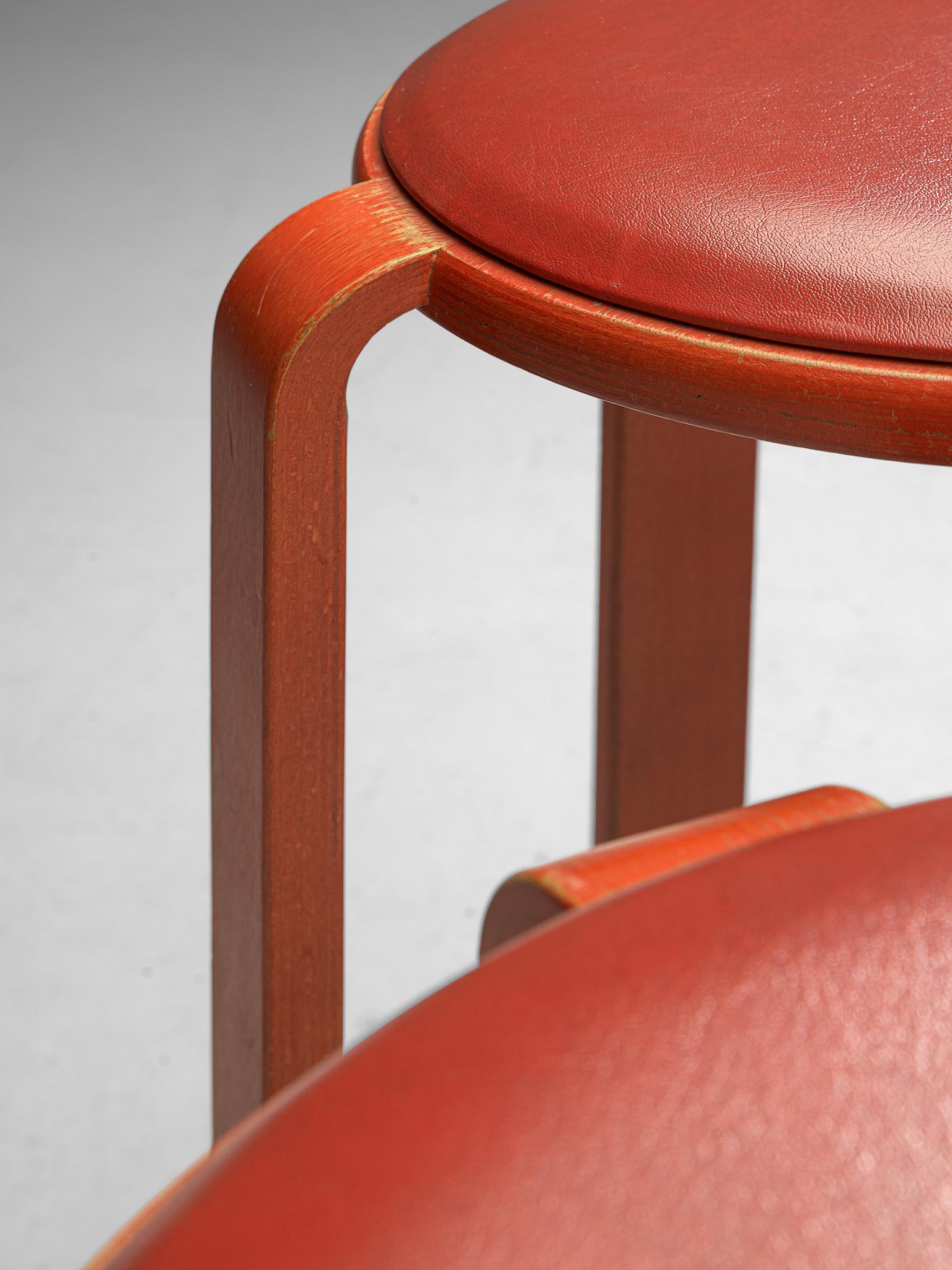 Bruno Rey for Dietiker, set of eight barstools, plywood, aluminum and leather, Switzerland, 1970s

A set of 8 modernist barstools by Bruno Rey and produced by Dietiker. The stools are made of red lacquered wood and the padded seat is finished with