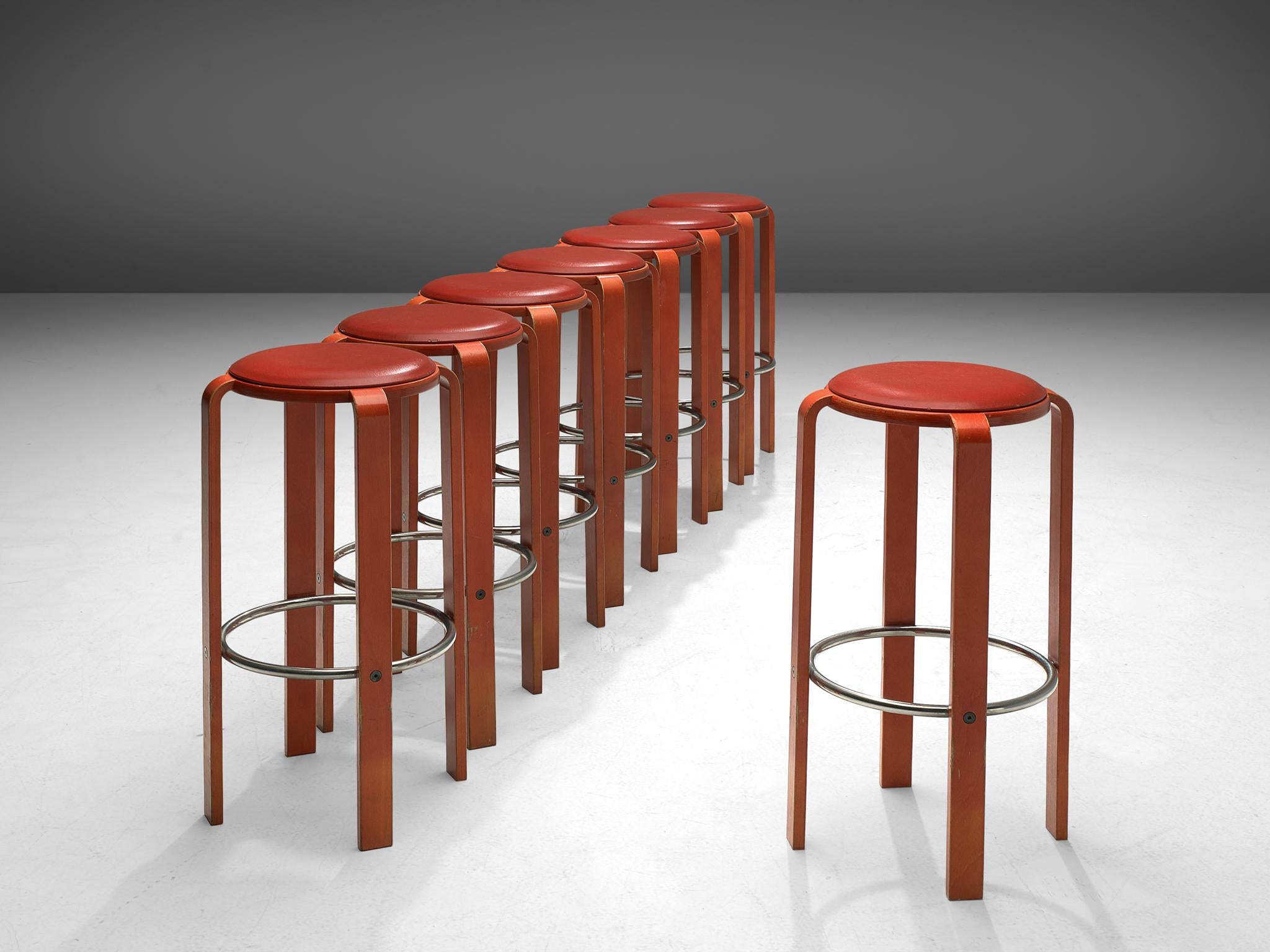 Late 20th Century Bruno Rey for Dietiker Set of Eight Red Barstools