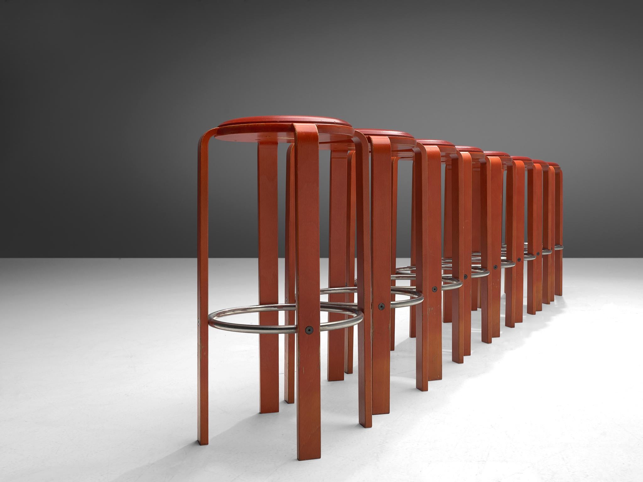 Aluminum Bruno Rey for Dietiker Set of Eight Red Barstools