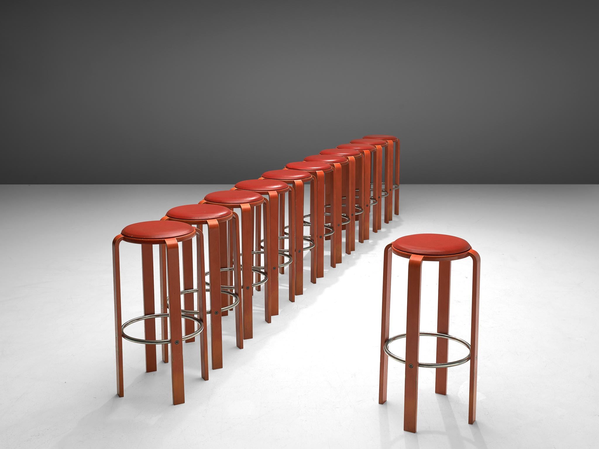 Bruno Rey for Dietiker, large set of barstools, plywood, aluminum and leather, Switzerland, 1970s

Large set of Modernist barstools by Bruno Rey and produced by Dietiker. The stools are made of red lacquered wood and the padded seat is finished