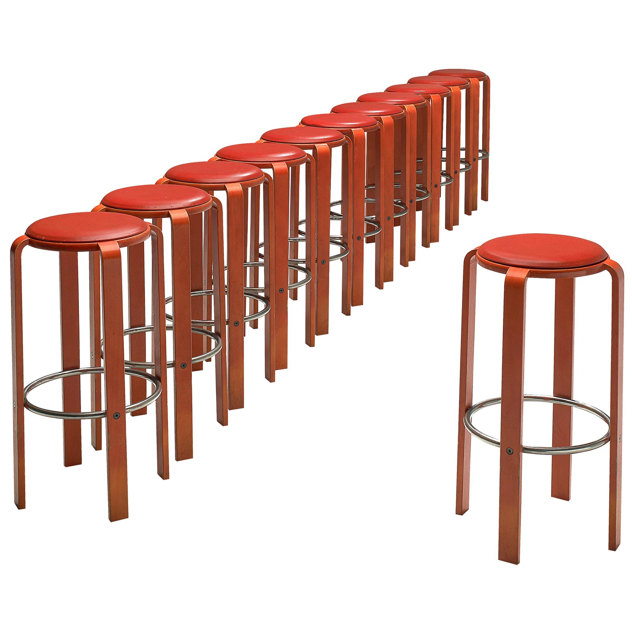 Bruno Rey for Dietiker Set of Twelve Red Barstools