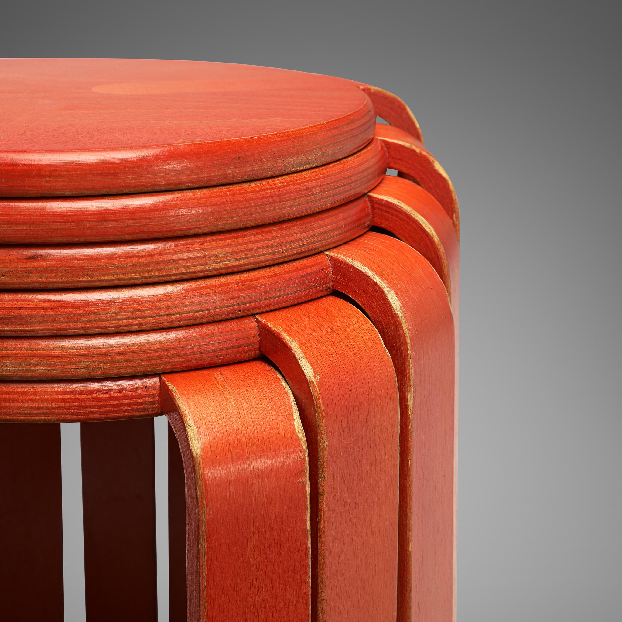 Bruno Rey for Dietiker Stools in Red Plywood 3