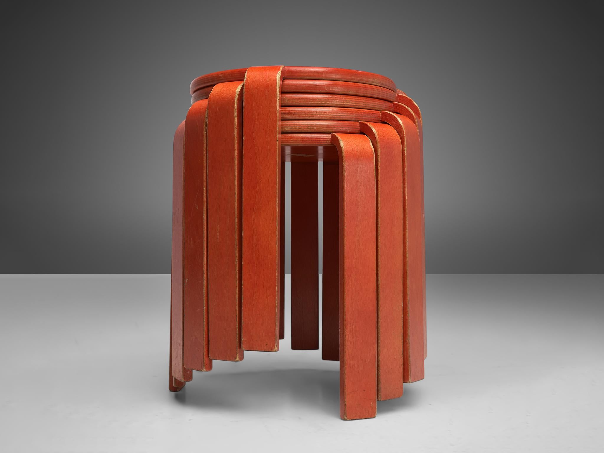 Bruno Rey for Dietiker Stools in Red Plywood 4