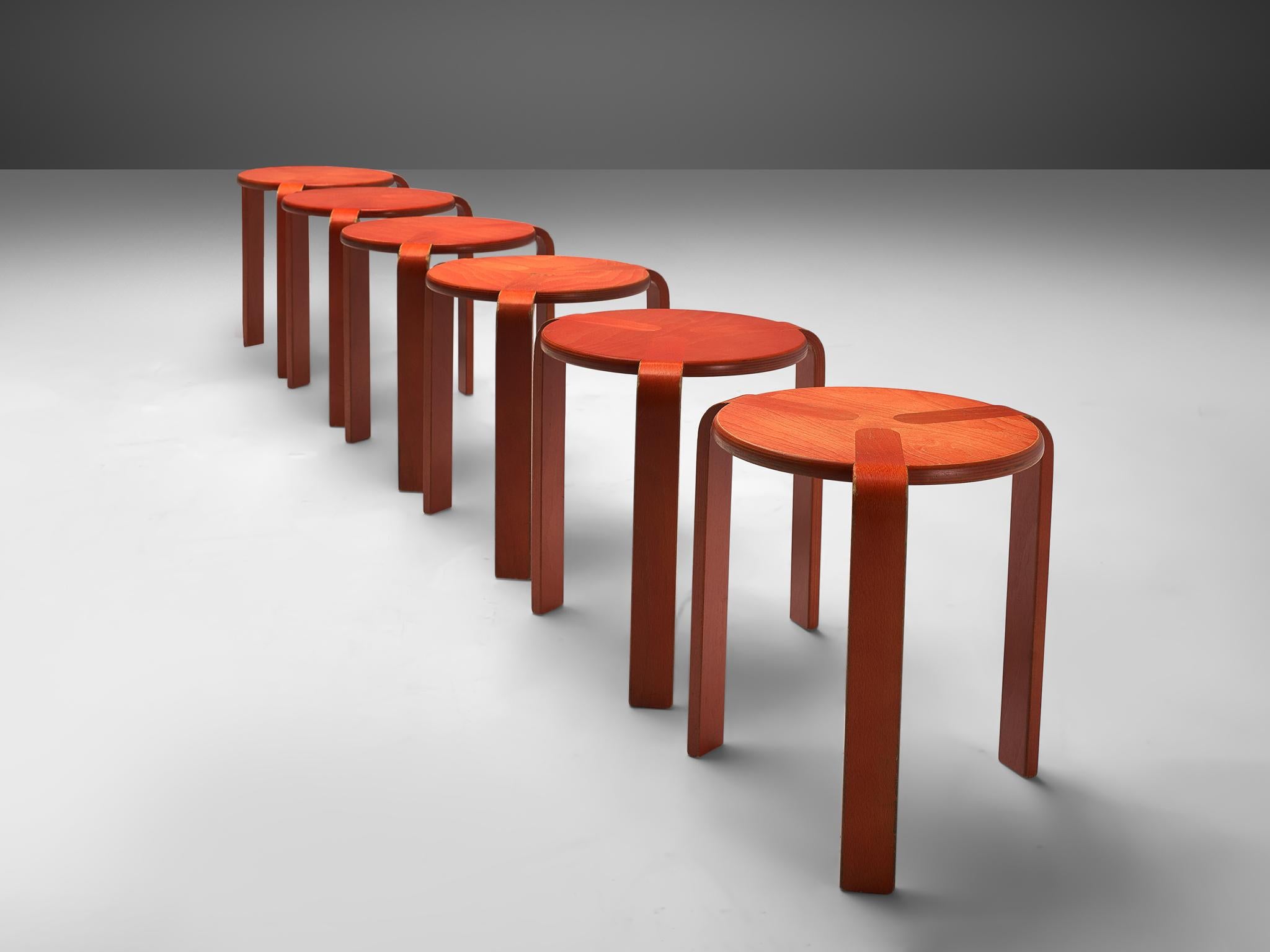 Swiss Bruno Rey for Dietiker Stools in Red Plywood