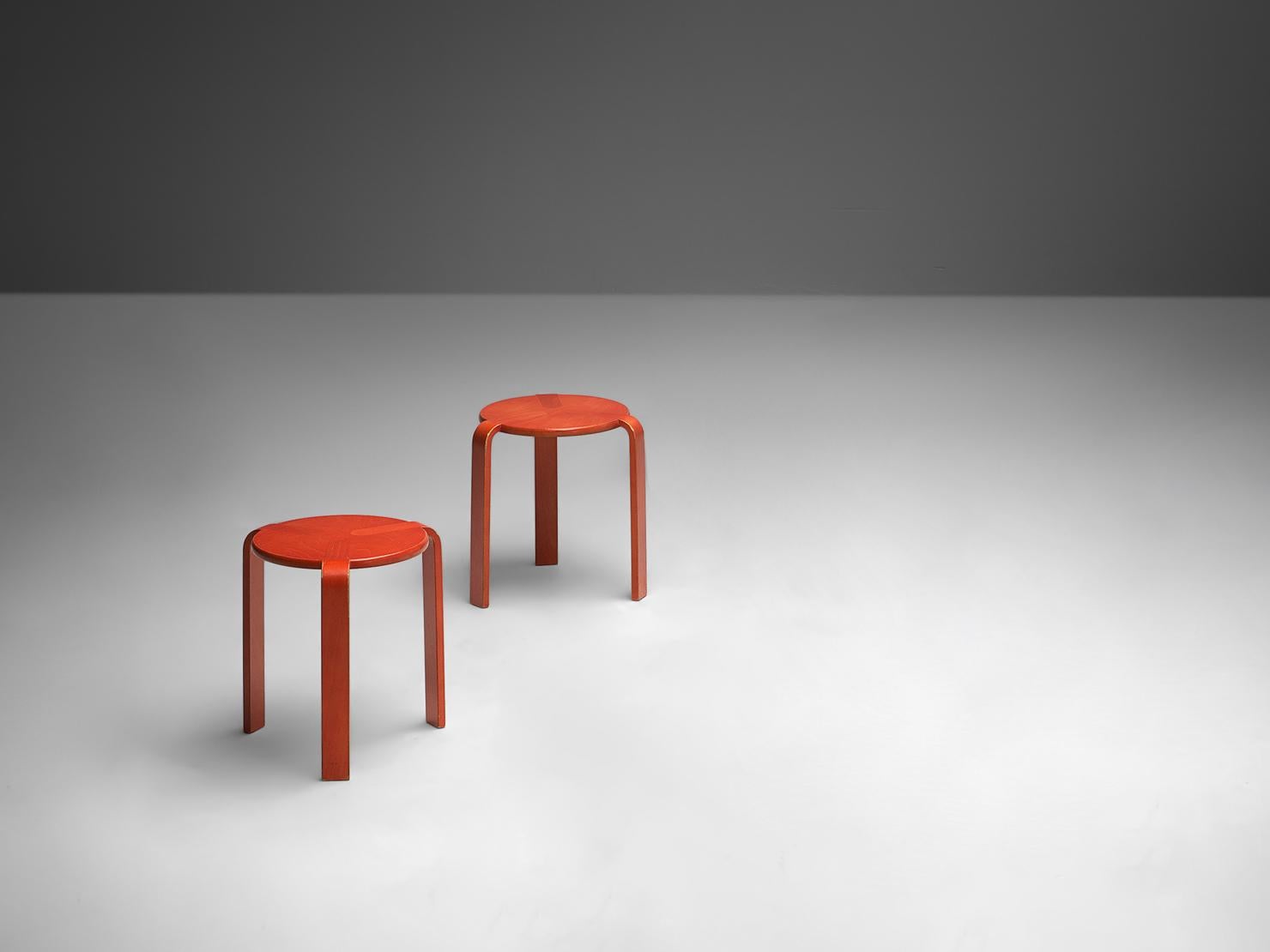 Bruno Rey for Dietiker Stools in Red Plywood In Good Condition In Waalwijk, NL