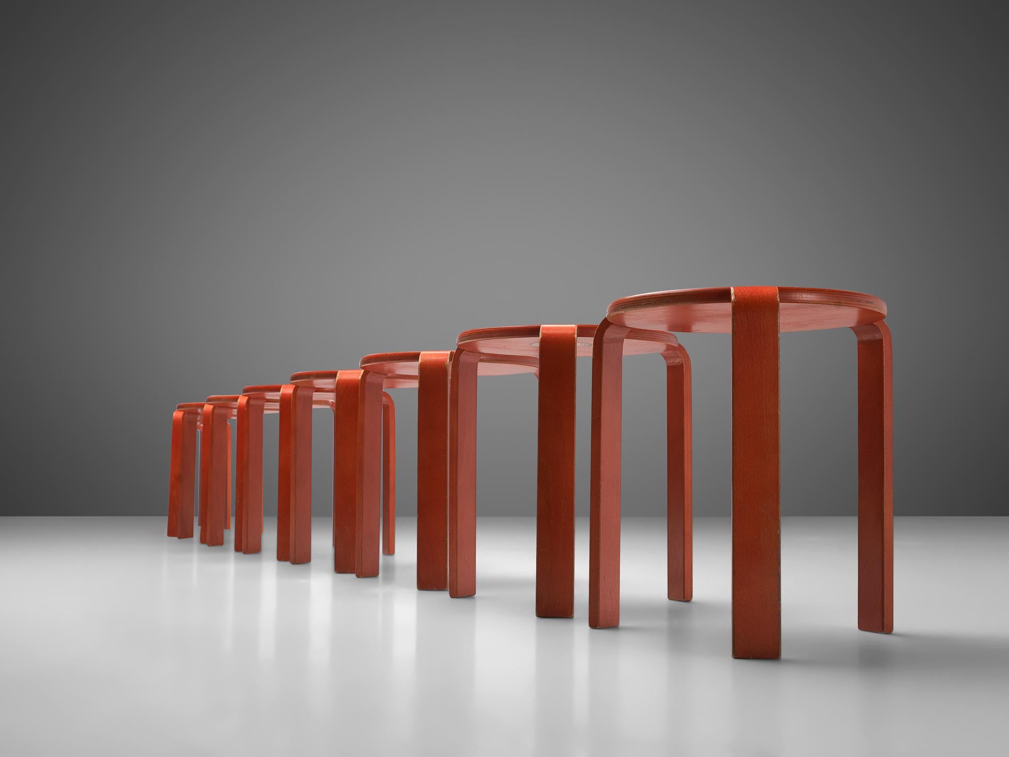 Bruno Rey for Dietiker Stools in Red Plywood In Good Condition In Waalwijk, NL