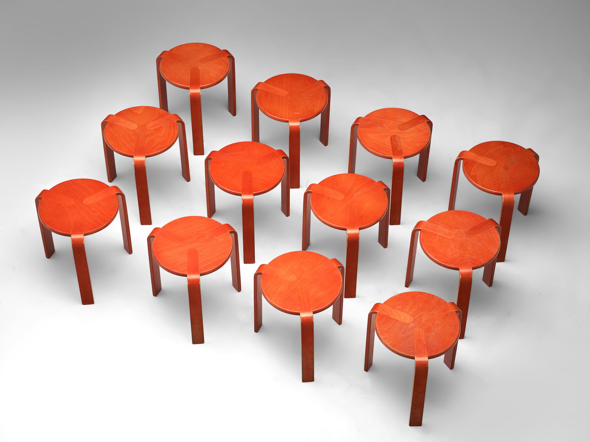 Swiss Bruno Rey for Dietiker Twelve Barstools in Red Plywood, 1970s