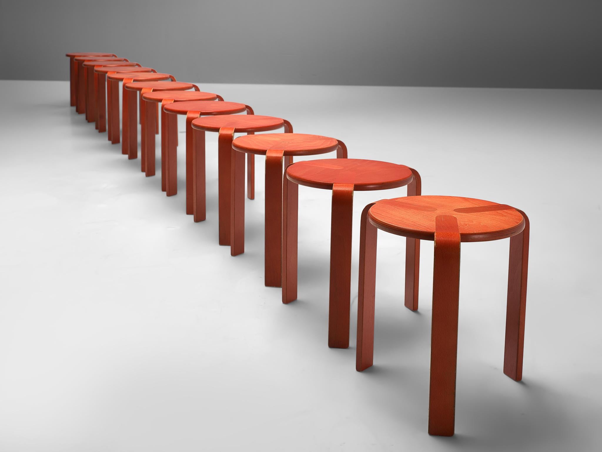 Late 20th Century Bruno Rey for Dietiker Twelve Barstools in Red Plywood, 1970s