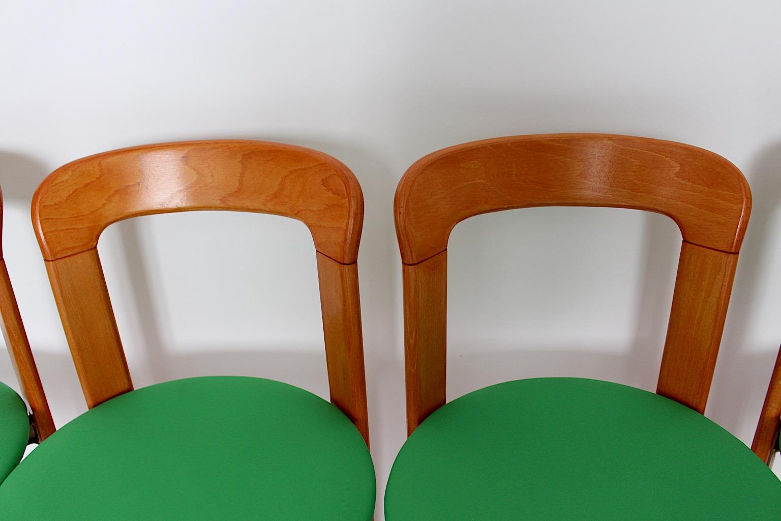 Bruno Rey Vintage Six Beech and Green Upholstery Dining Chairs 1970s Switzerland 6